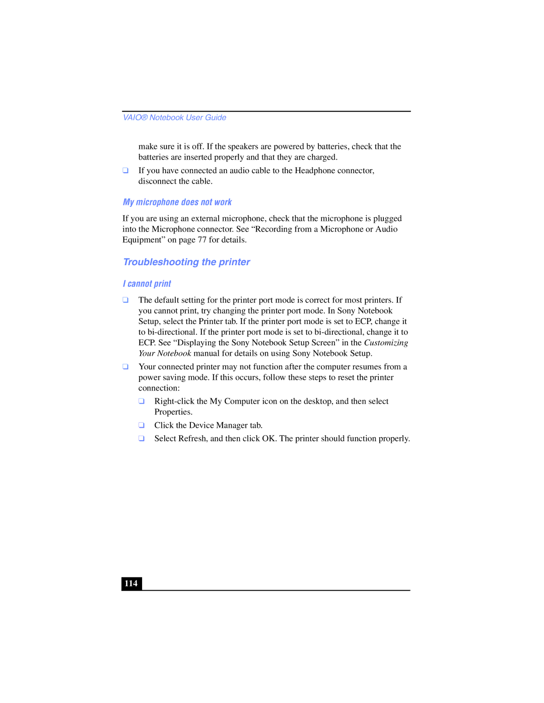 Sony PCG-SR17K manual Troubleshooting the printer, My microphone does not work, Cannot print 