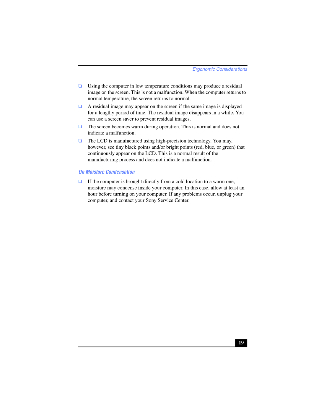 Sony PCG-SR17K manual On Moisture Condensation 