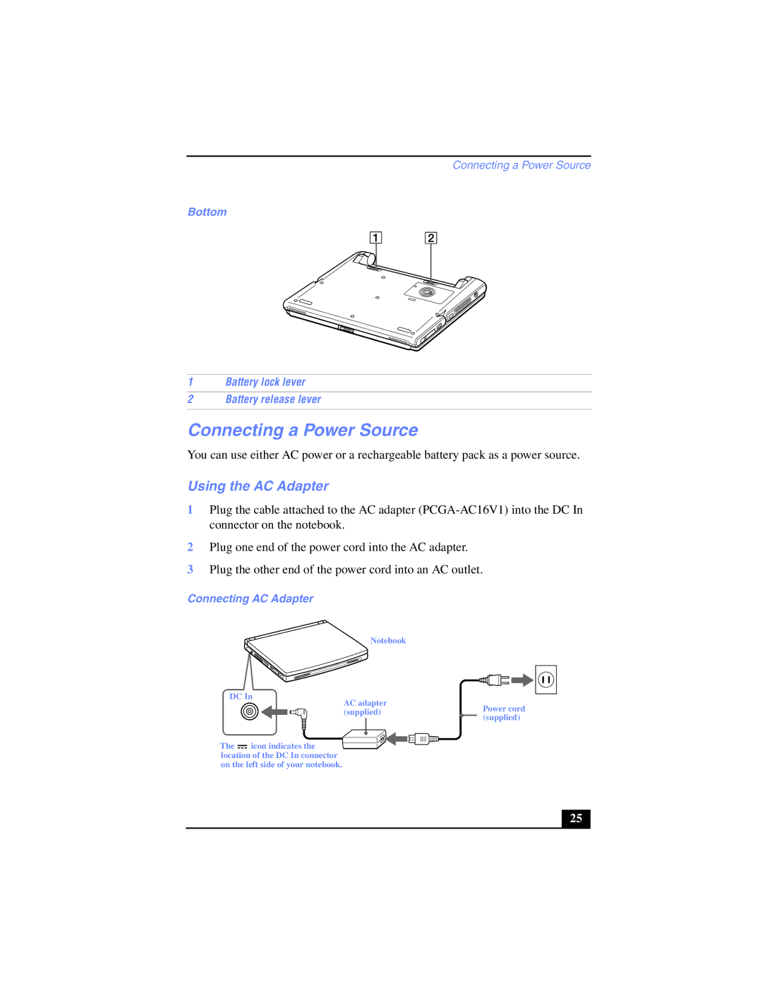 Sony PCG-SR17K manual Connecting a Power Source, Using the AC Adapter, Bottom, Connecting AC Adapter 