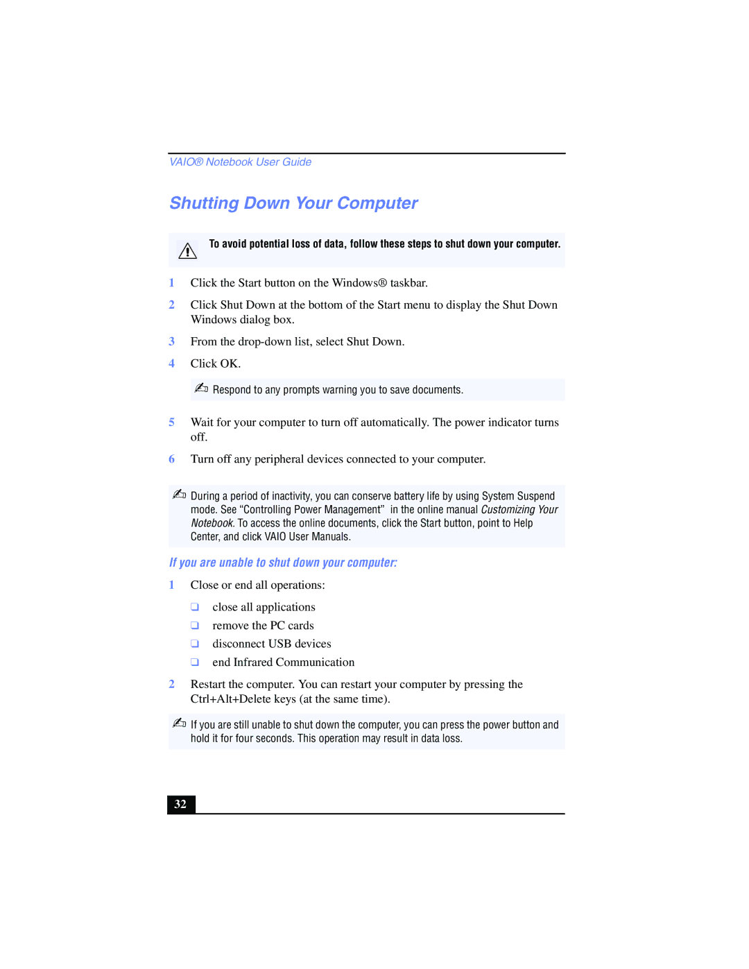 Sony PCG-SR17K manual Shutting Down Your Computer, If you are unable to shut down your computer 