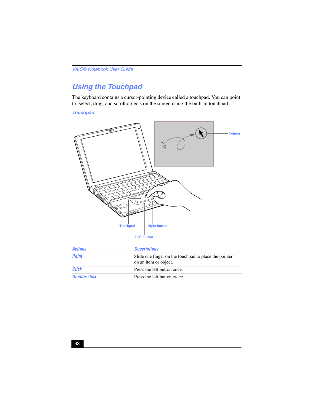 Sony PCG-SR17K manual Using the Touchpad 