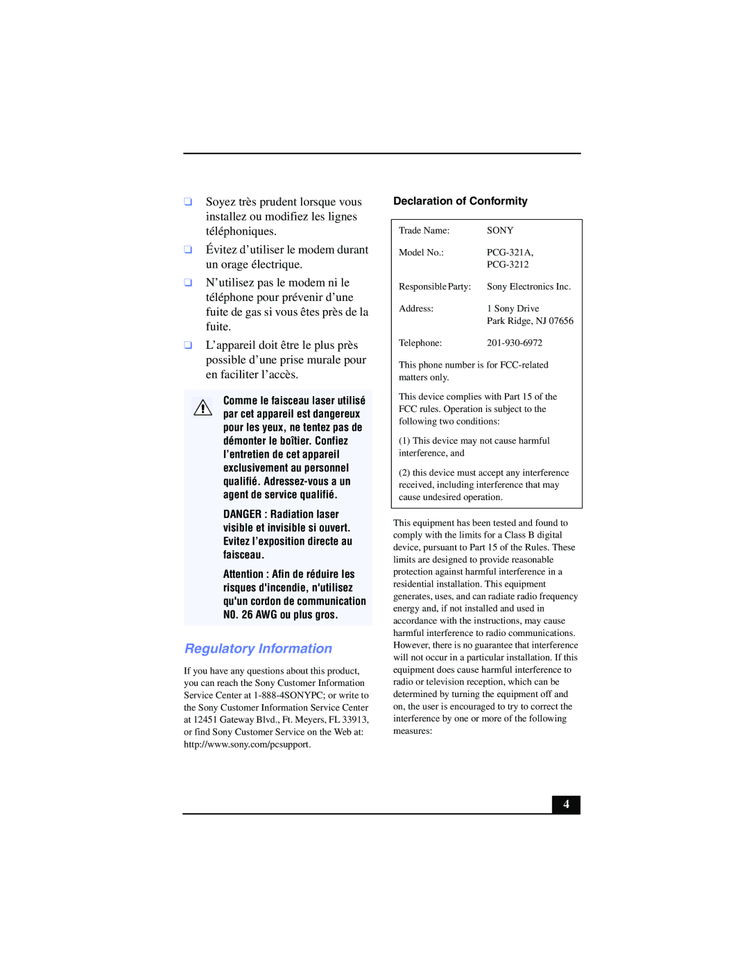 Sony PCG-SR17K manual Regulatory Information, Declaration of Conformity 