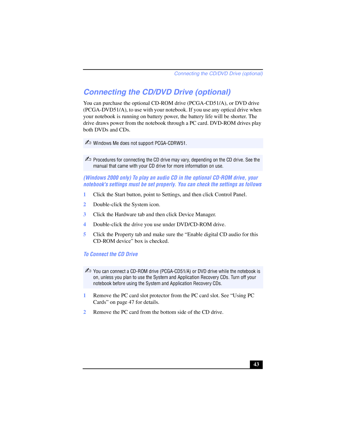 Sony PCG-SR17K manual Connecting the CD/DVD Drive optional, To Connect the CD Drive 