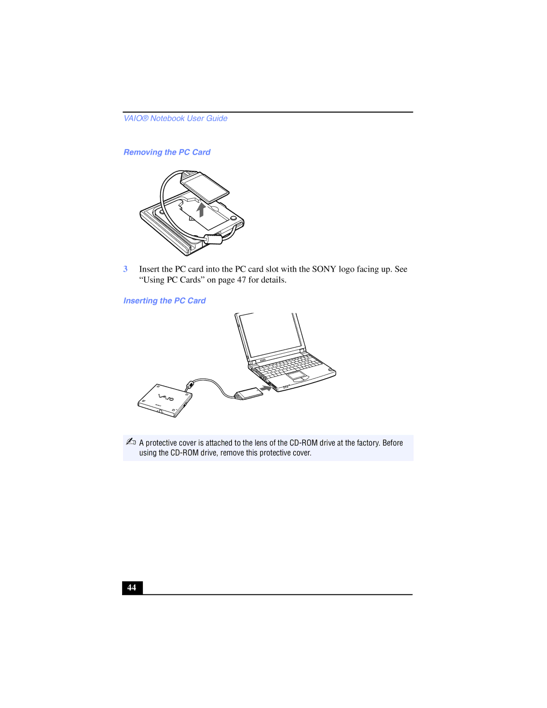 Sony PCG-SR17K manual Removing the PC Card, Inserting the PC Card 