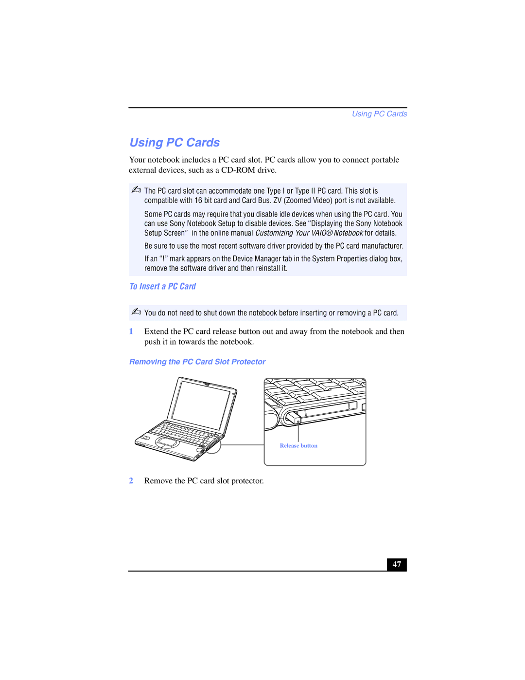 Sony PCG-SR17K manual Using PC Cards, To Insert a PC Card, Removing the PC Card Slot Protector 