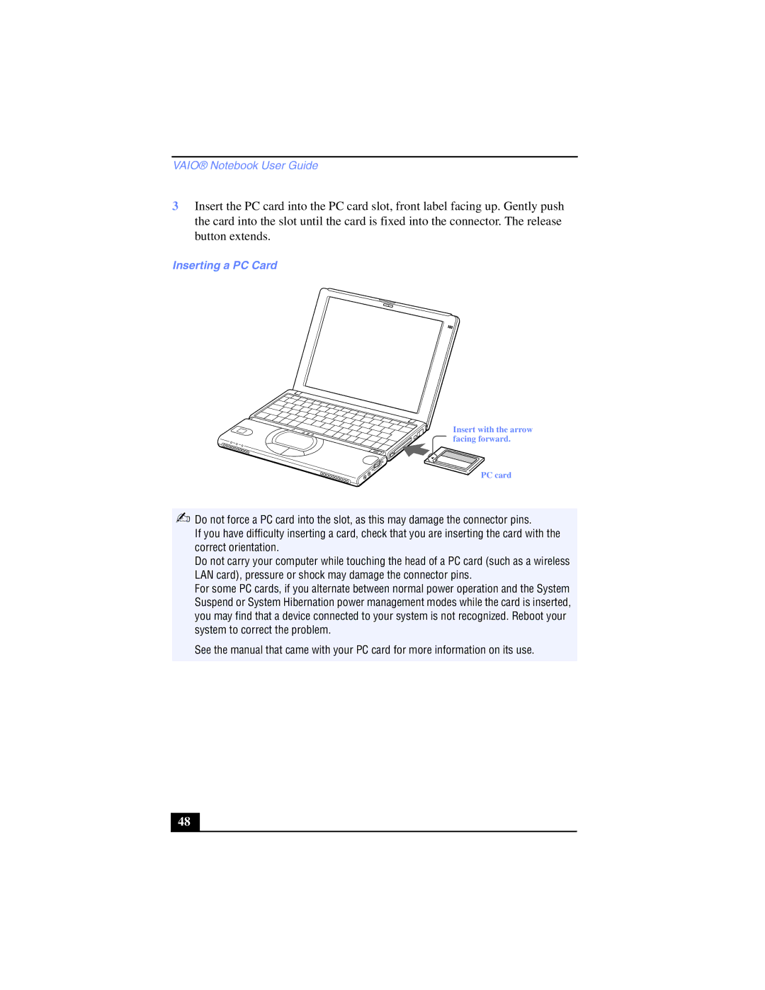 Sony PCG-SR17K manual Inserting a PC Card 