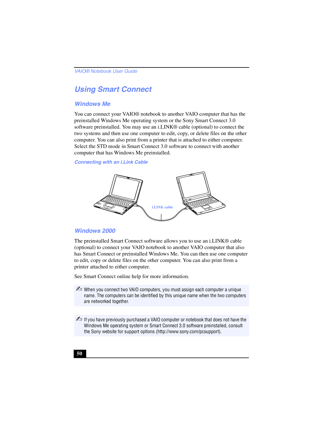 Sony PCG-SR17K manual Using Smart Connect, Windows Me, Connecting with an i.Link Cable 