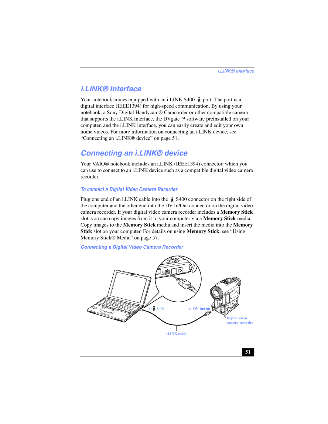 Sony PCG-SR17K manual Link Interface, Connecting an i.LINK device, To connect a Digital Video Camera Recorder 