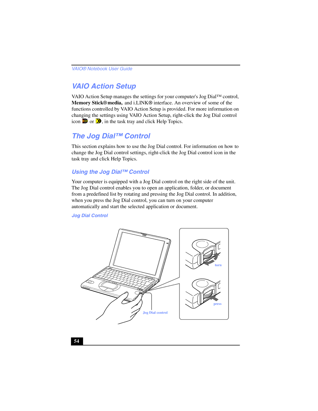 Sony PCG-SR17K manual Vaio Action Setup, Using the Jog Dial Control 