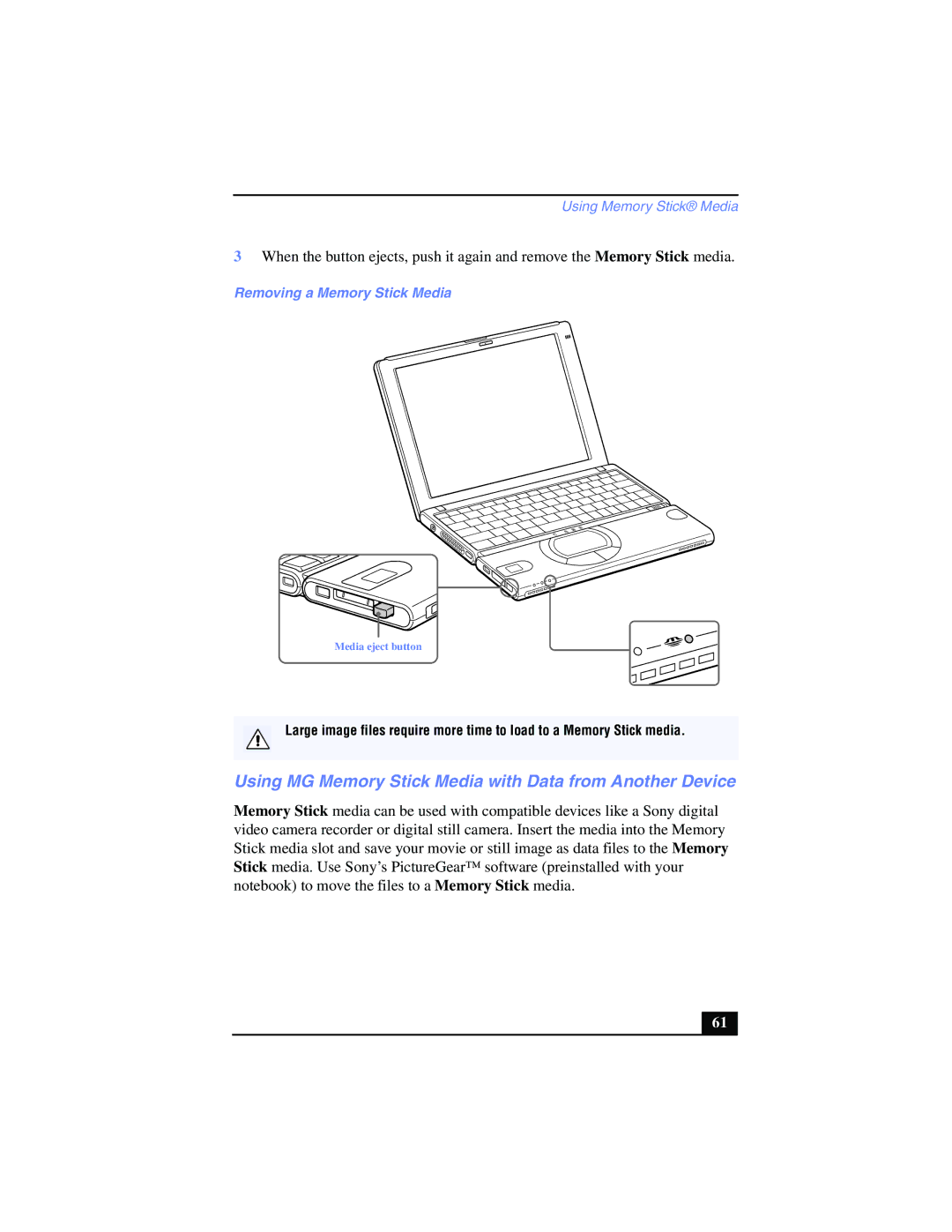 Sony PCG-SR17K manual Using MG Memory Stick Media with Data from Another Device, Removing a Memory Stick Media 