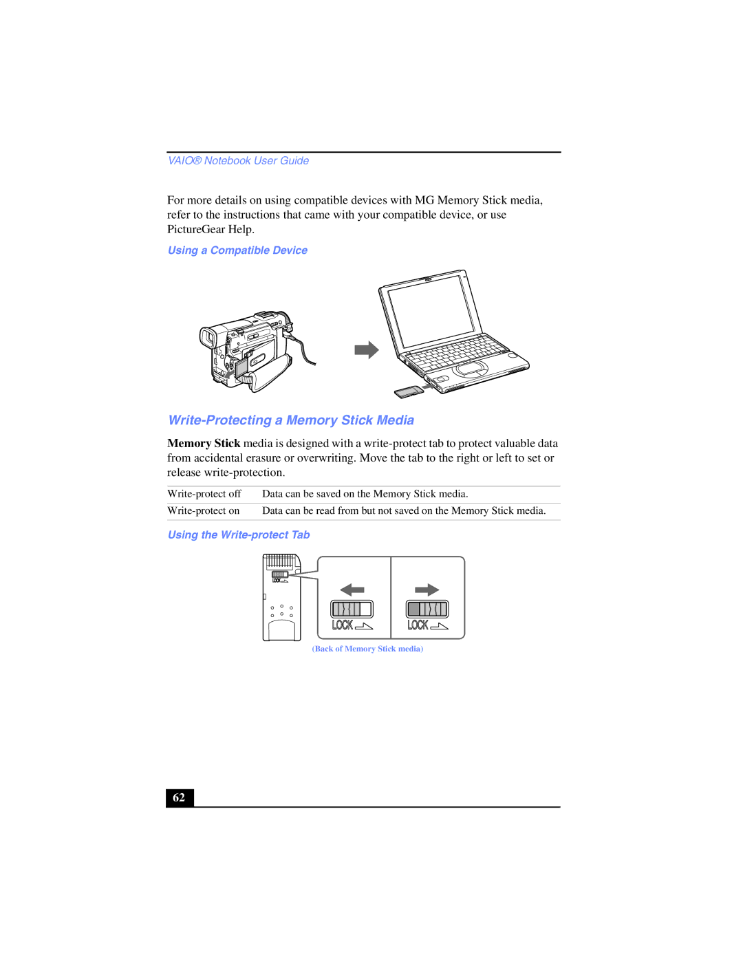 Sony PCG-SR17K manual Write-Protecting a Memory Stick Media, Using a Compatible Device, Using the Write-protect Tab 