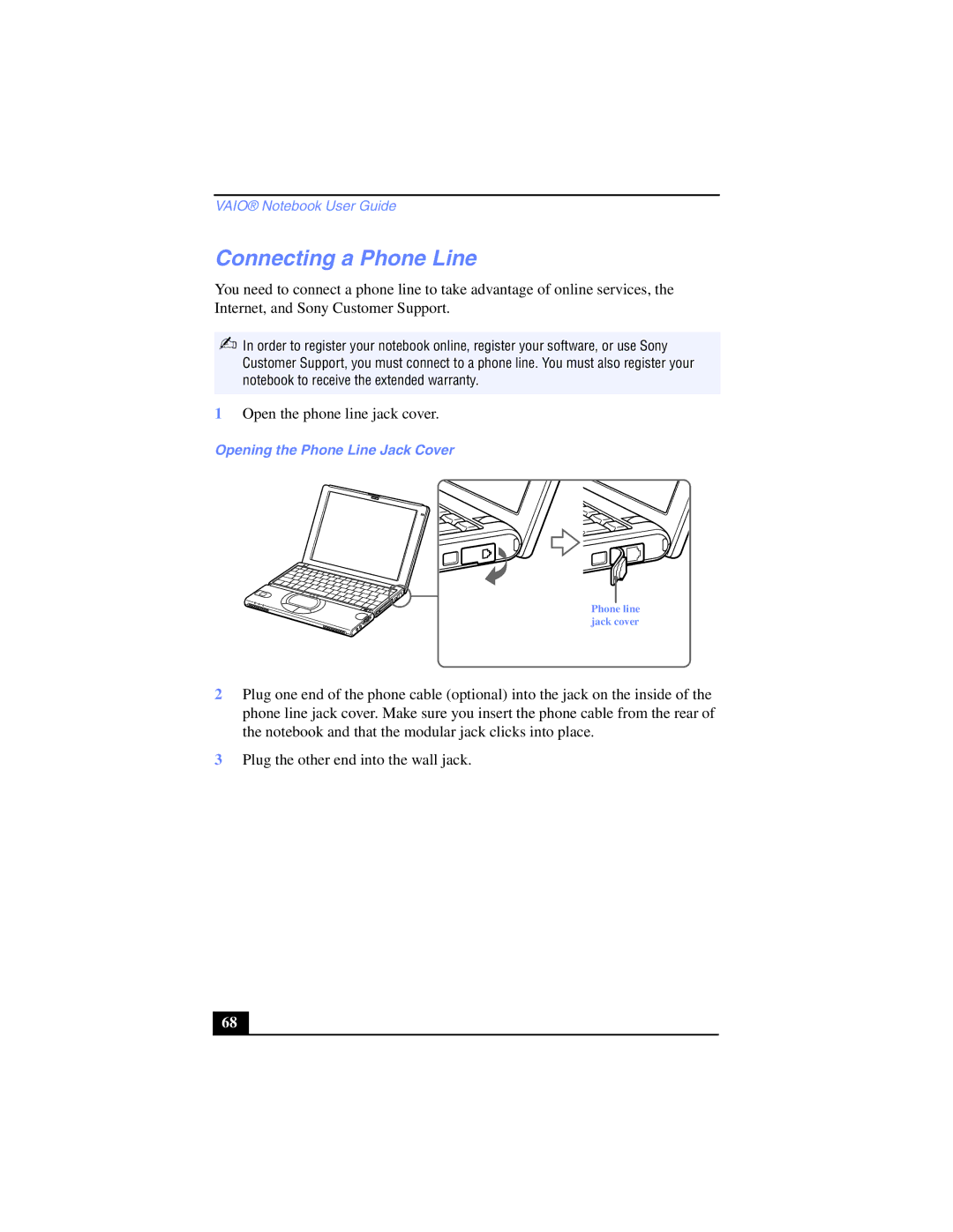 Sony PCG-SR17K manual Connecting a Phone Line, Opening the Phone Line Jack Cover 