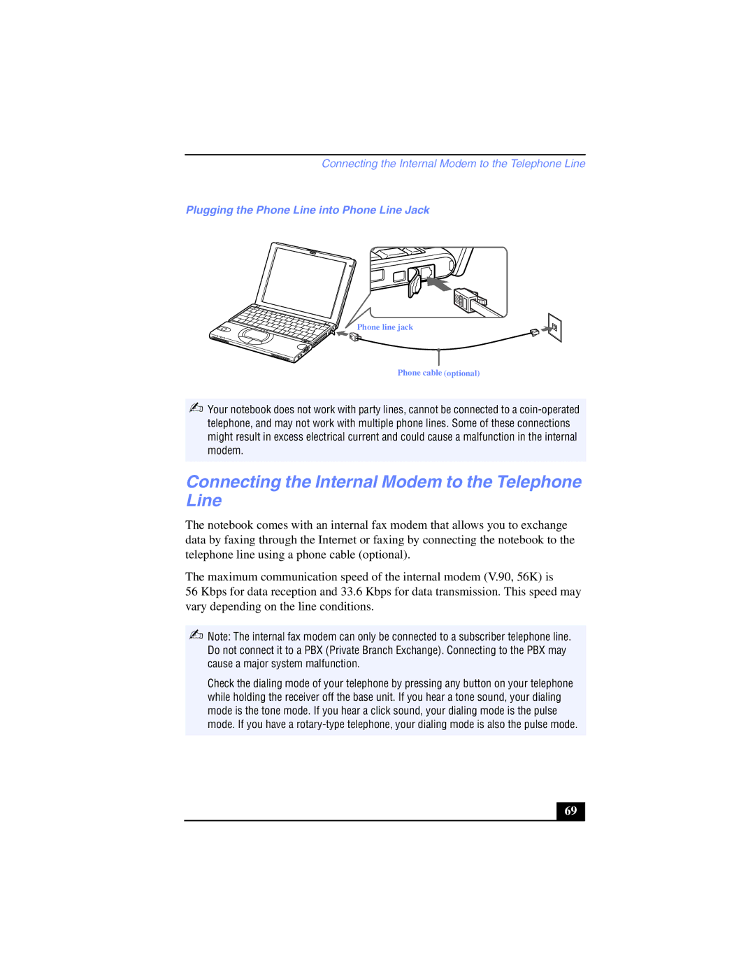 Sony PCG-SR17K manual Connecting the Internal Modem to the Telephone Line, Plugging the Phone Line into Phone Line Jack 