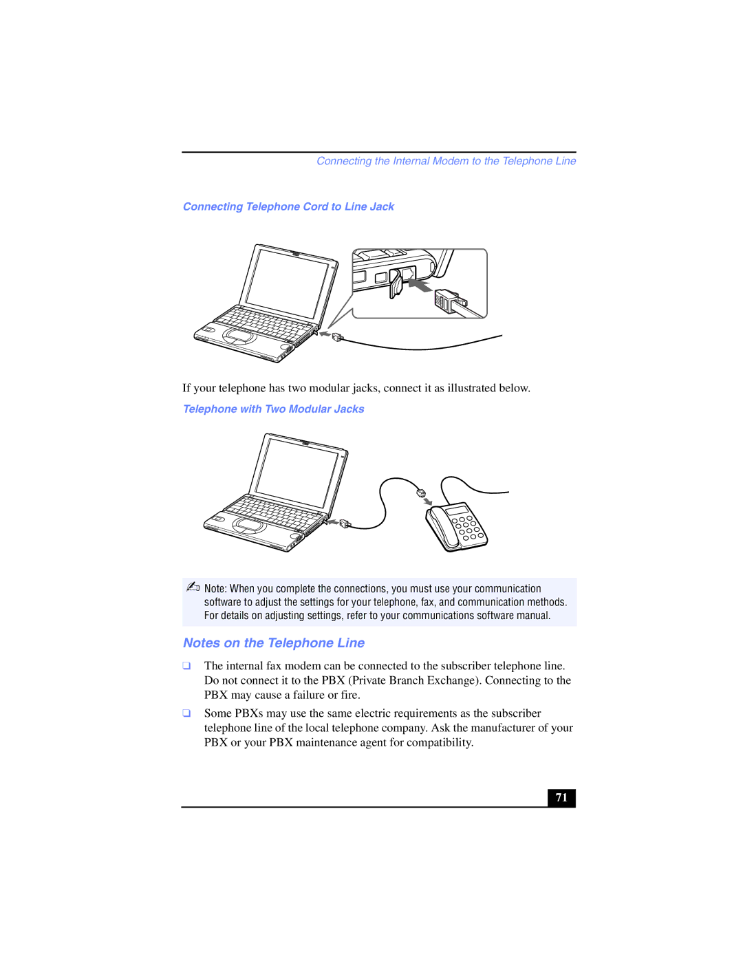 Sony PCG-SR17K manual Connecting Telephone Cord to Line Jack, Telephone with Two Modular Jacks 