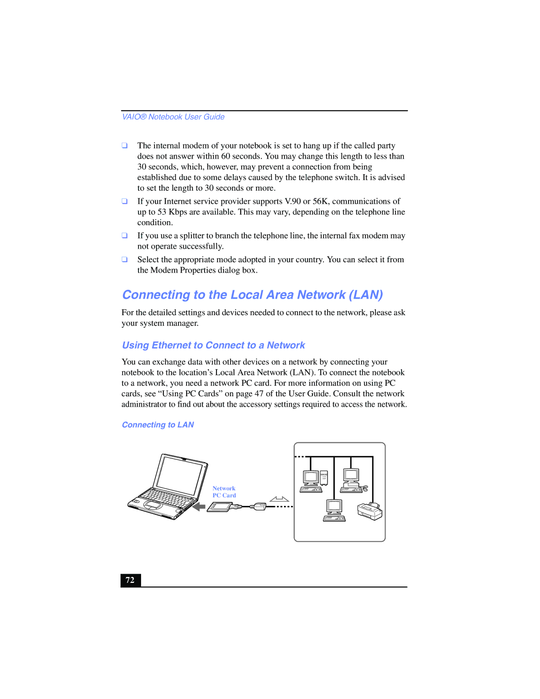 Sony PCG-SR17 manual Connecting to the Local Area Network LAN, Using Ethernet to Connect to a Network, Connecting to LAN 