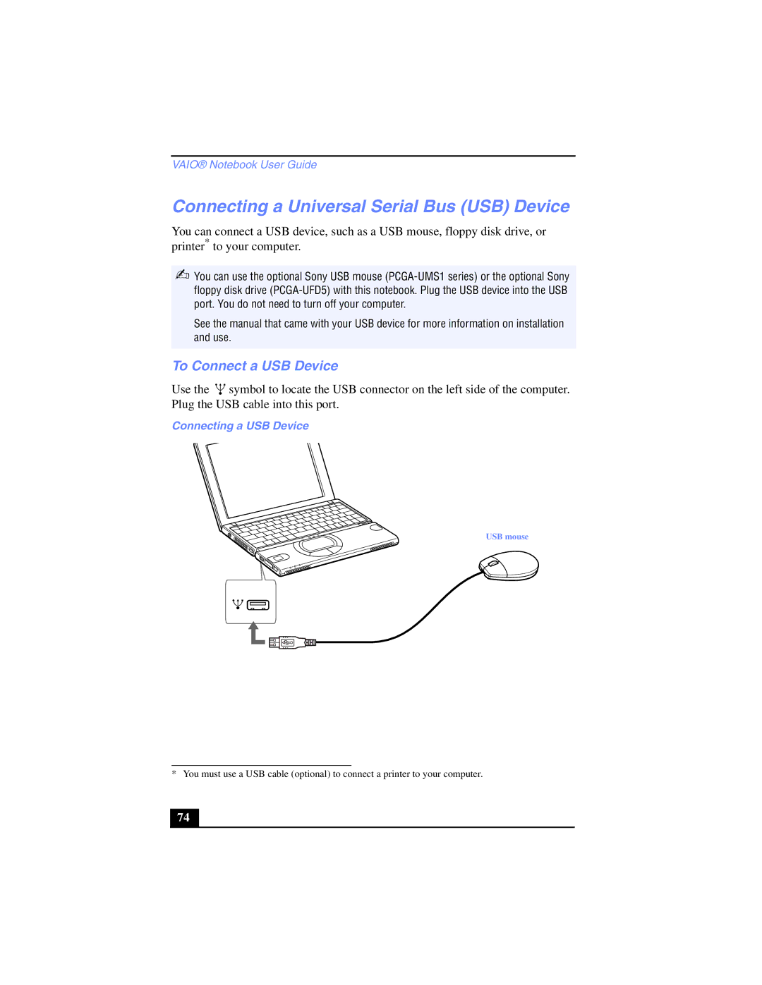 Sony PCG-SR17K manual Connecting a Universal Serial Bus USB Device, To Connect a USB Device, Connecting a USB Device 