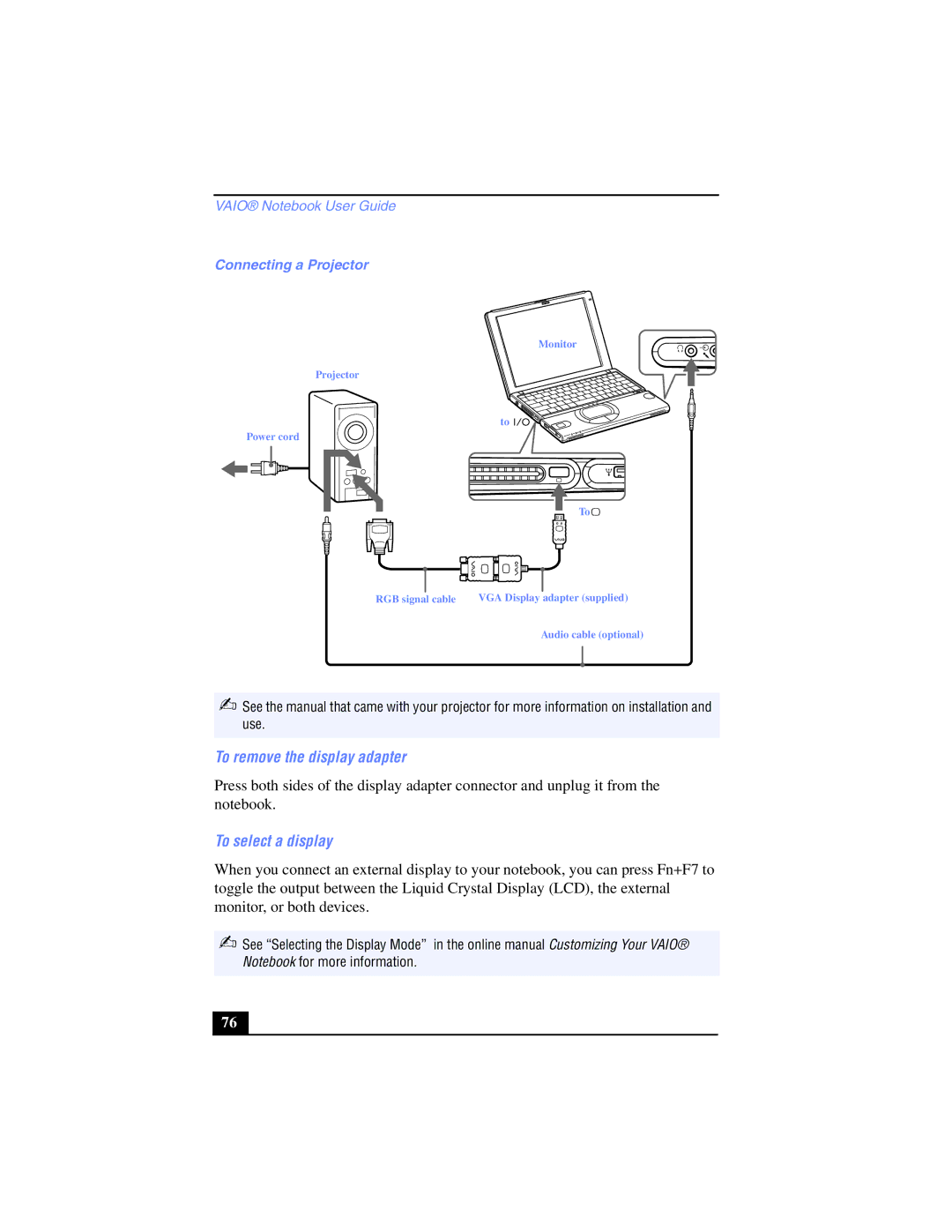 Sony PCG-SR17K manual To remove the display adapter, To select a display, Connecting a Projector 