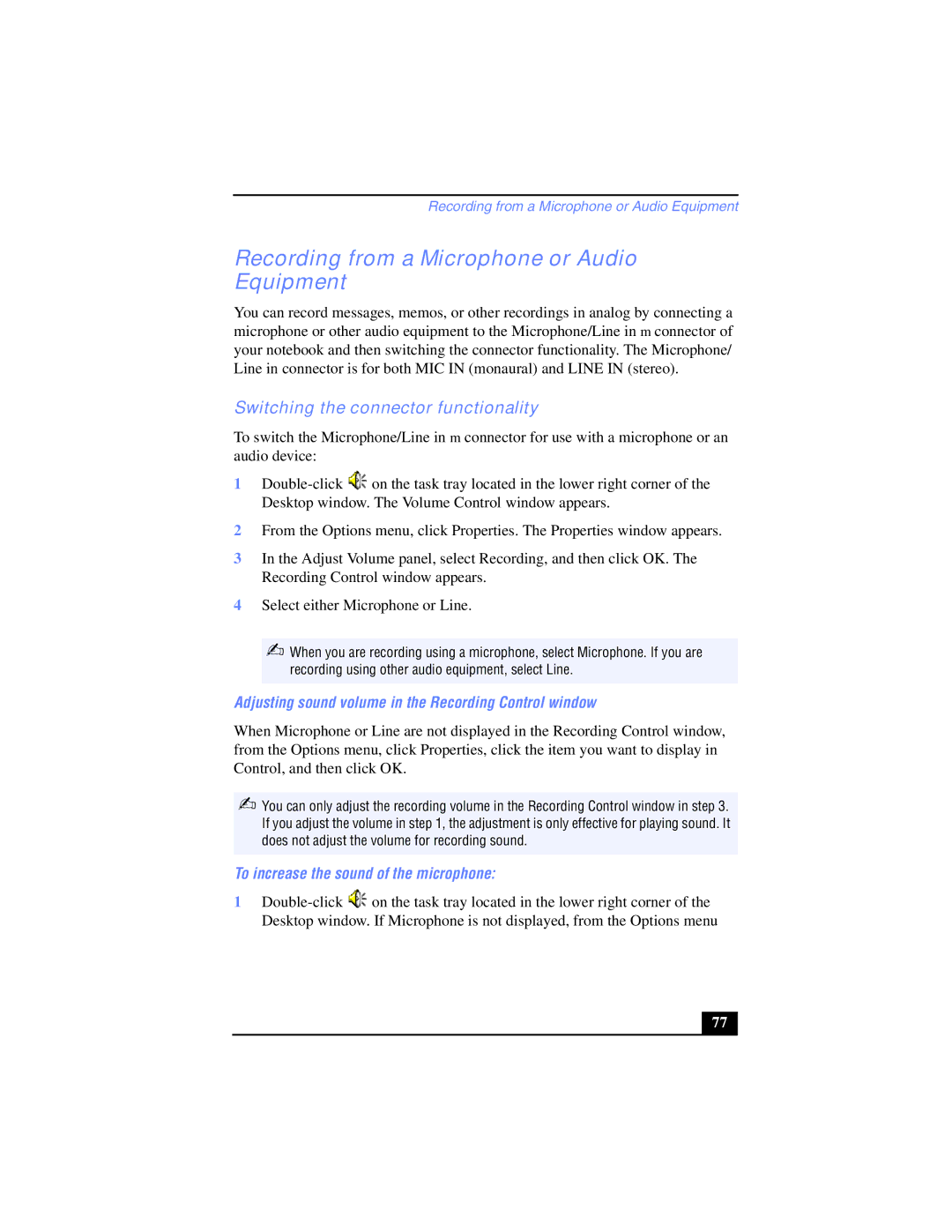 Sony PCG-SR17K manual Recording from a Microphone or Audio Equipment, Switching the connector functionality 