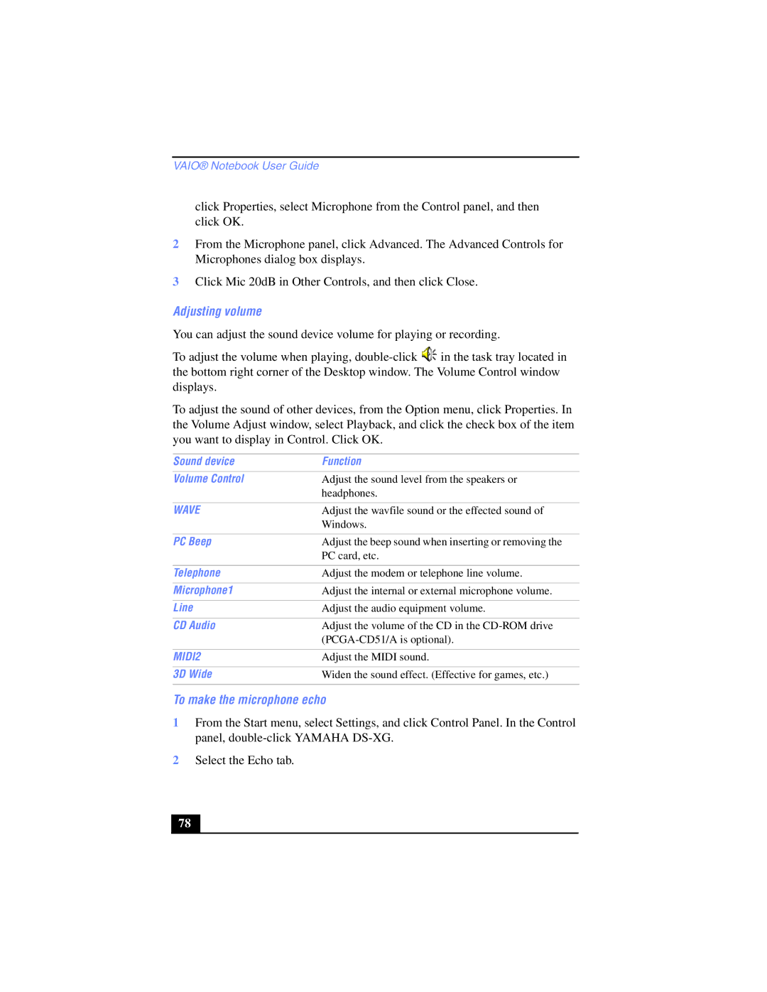 Sony PCG-SR17K manual Adjusting volume, To make the microphone echo 