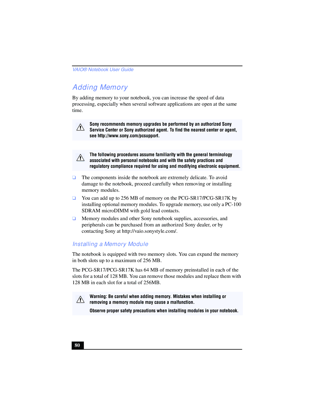 Sony PCG-SR17K manual Adding Memory, Installing a Memory Module 