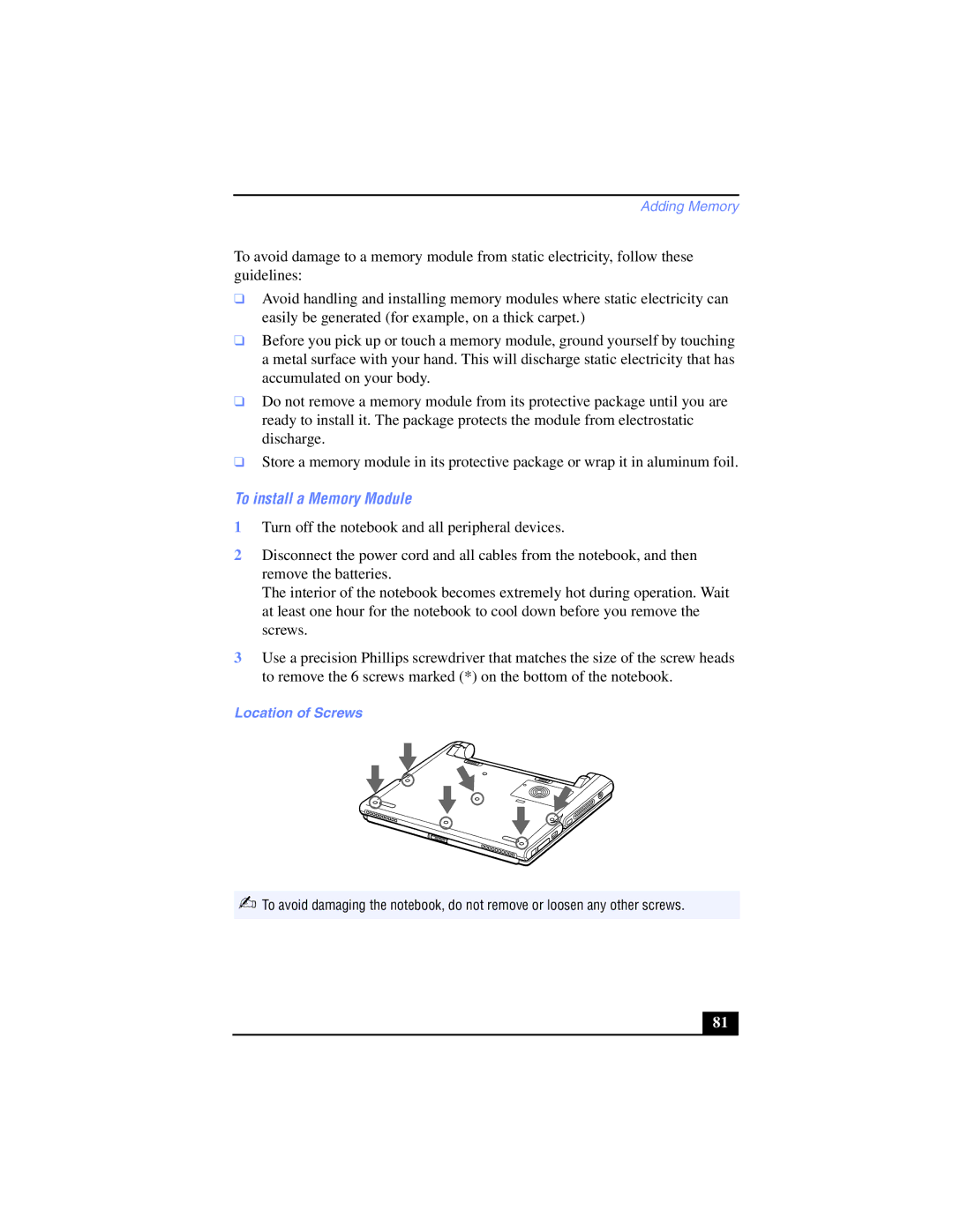 Sony PCG-SR17K manual To install a Memory Module, Location of Screws 