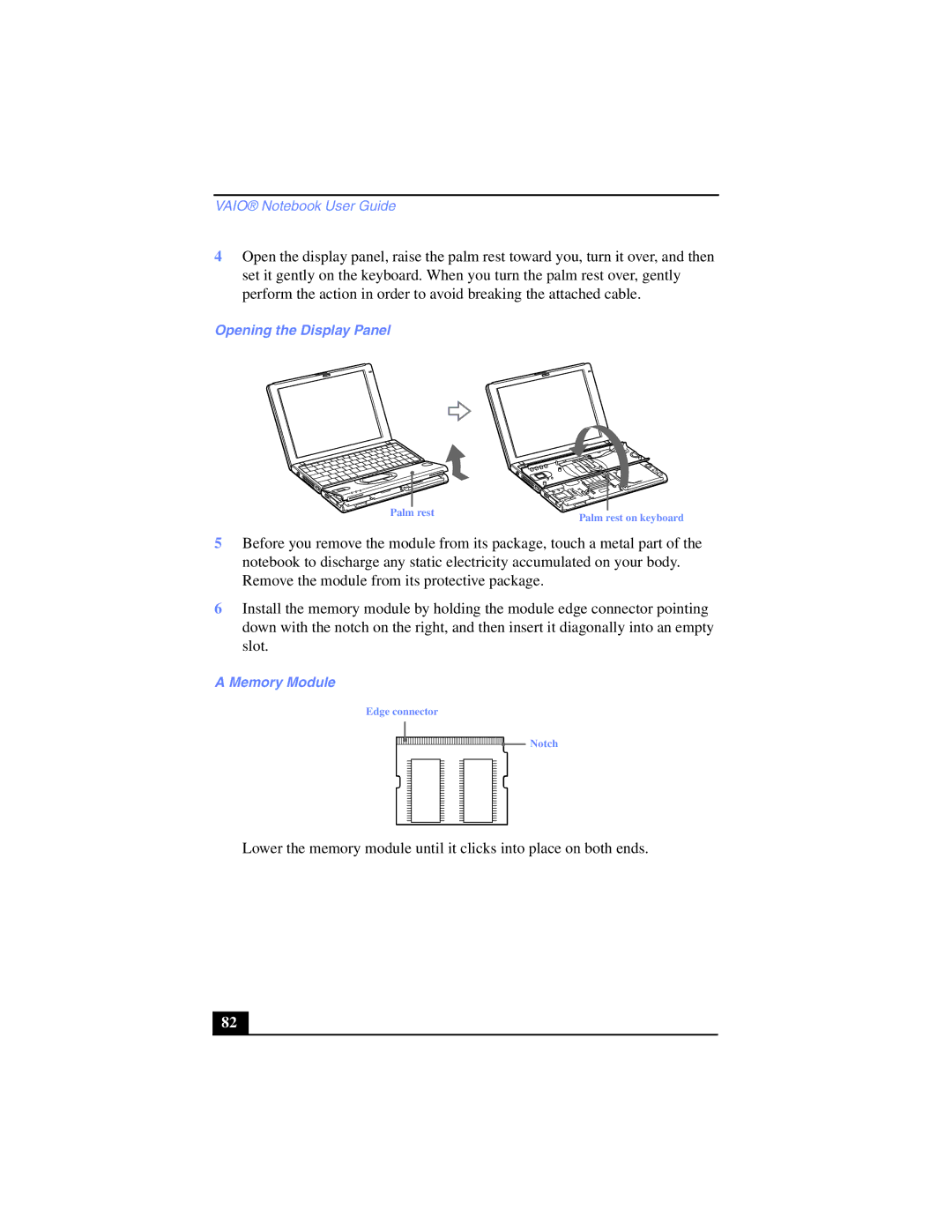 Sony PCG-SR17K manual Opening the Display Panel, Memory Module 