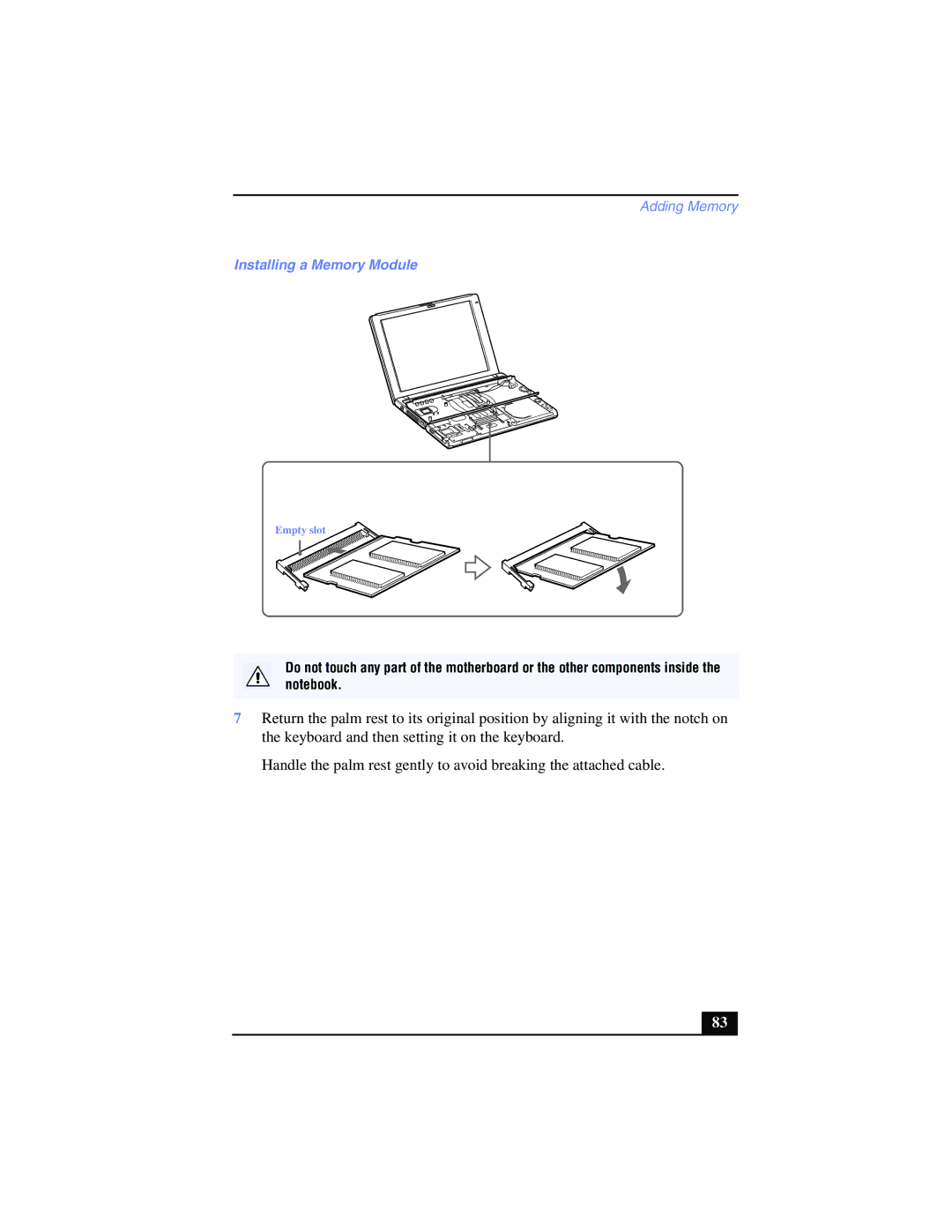 Sony PCG-SR17K manual Installing a Memory Module 