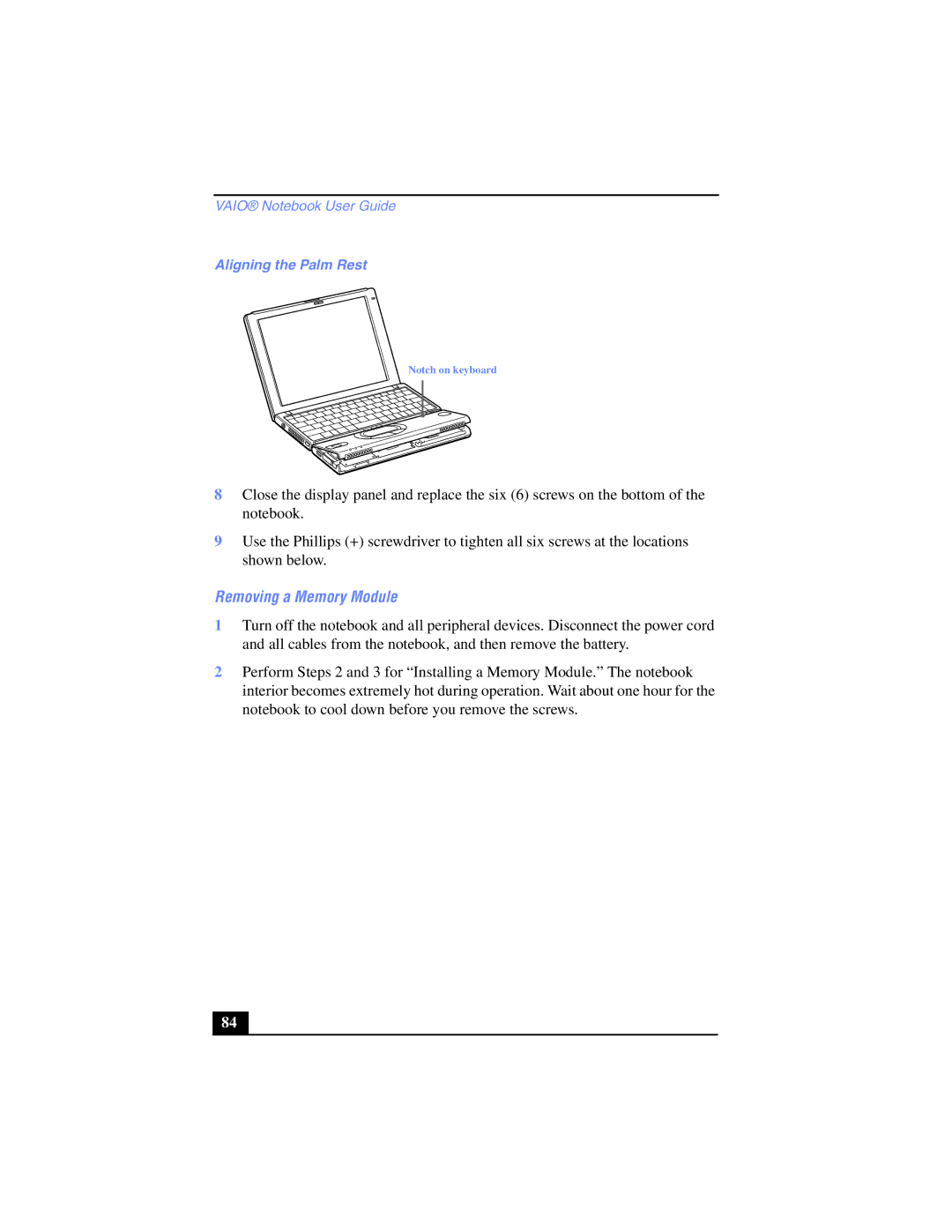 Sony PCG-SR17K manual Removing a Memory Module, Aligning the Palm Rest 