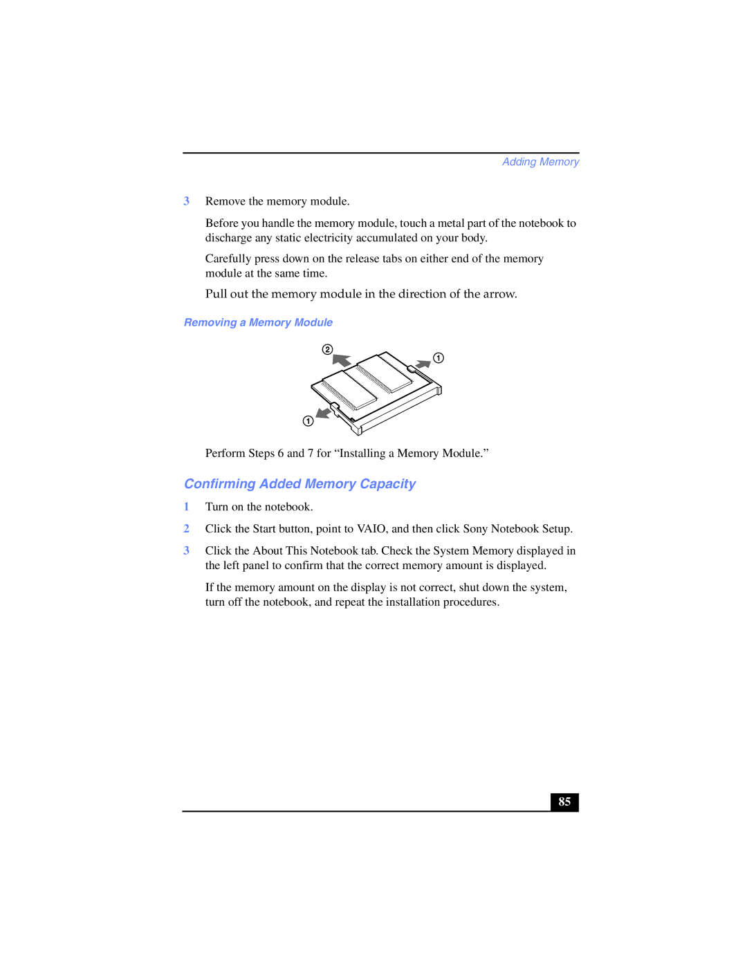 Sony PCG-SR17K manual Confirming Added Memory Capacity, Removing a Memory Module 