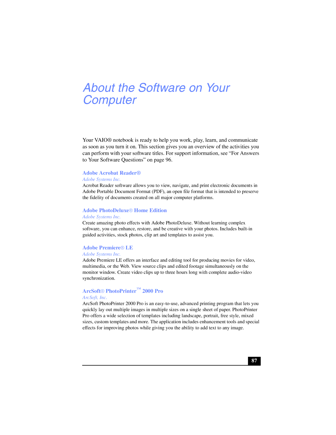 Sony PCG-SR17K manual About the Software on Your Computer 