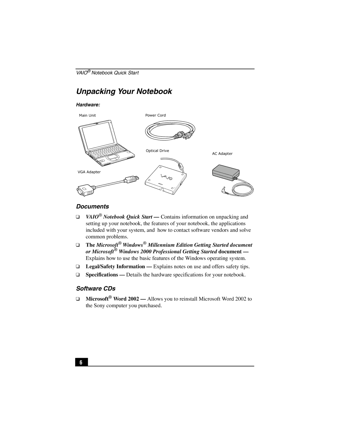 Sony PCG-SR27K service manual Unpacking Your Notebook, Documents, Software CDs 