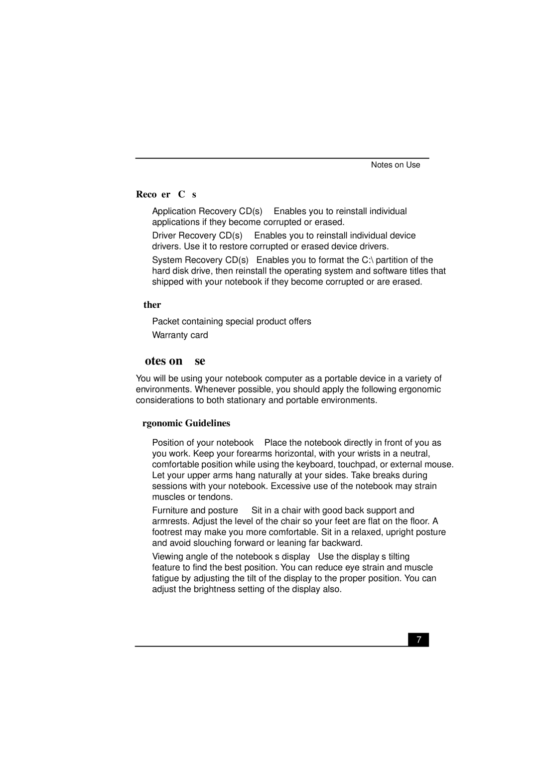 Sony PCG-SR27K service manual Recovery CDs, Other, Ergonomic Guidelines 