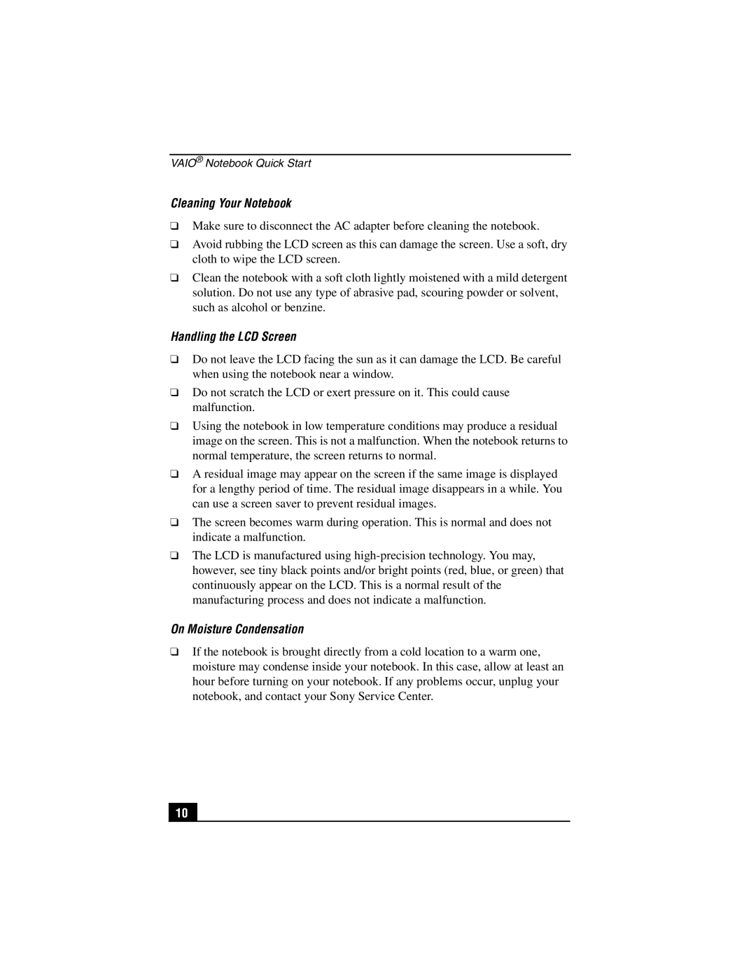 Sony PCG-SR27K service manual Cleaning Your Notebook, Handling the LCD Screen, On Moisture Condensation 