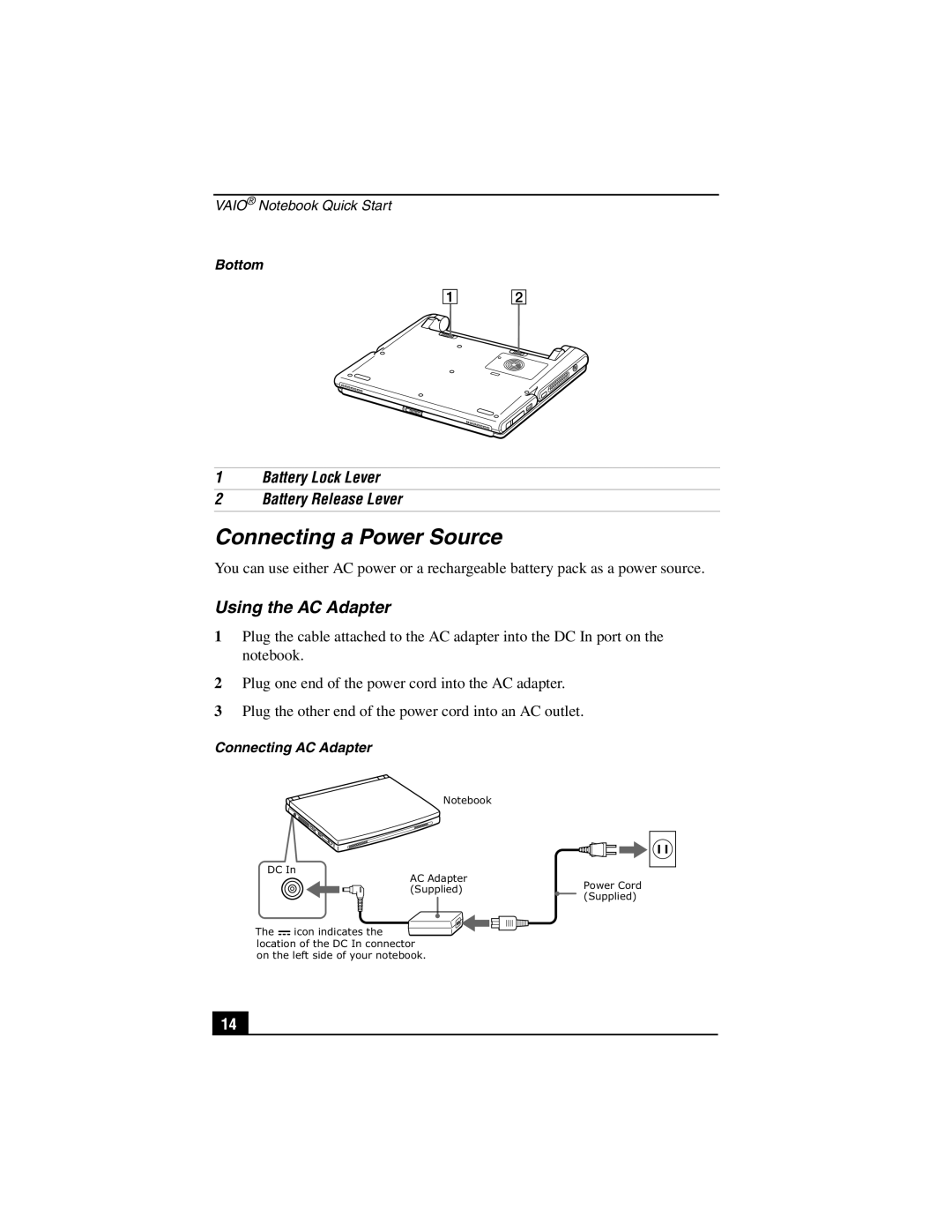 Sony PCG-SR27K service manual Connecting a Power Source, Using the AC Adapter, Battery Lock Lever Battery Release Lever 