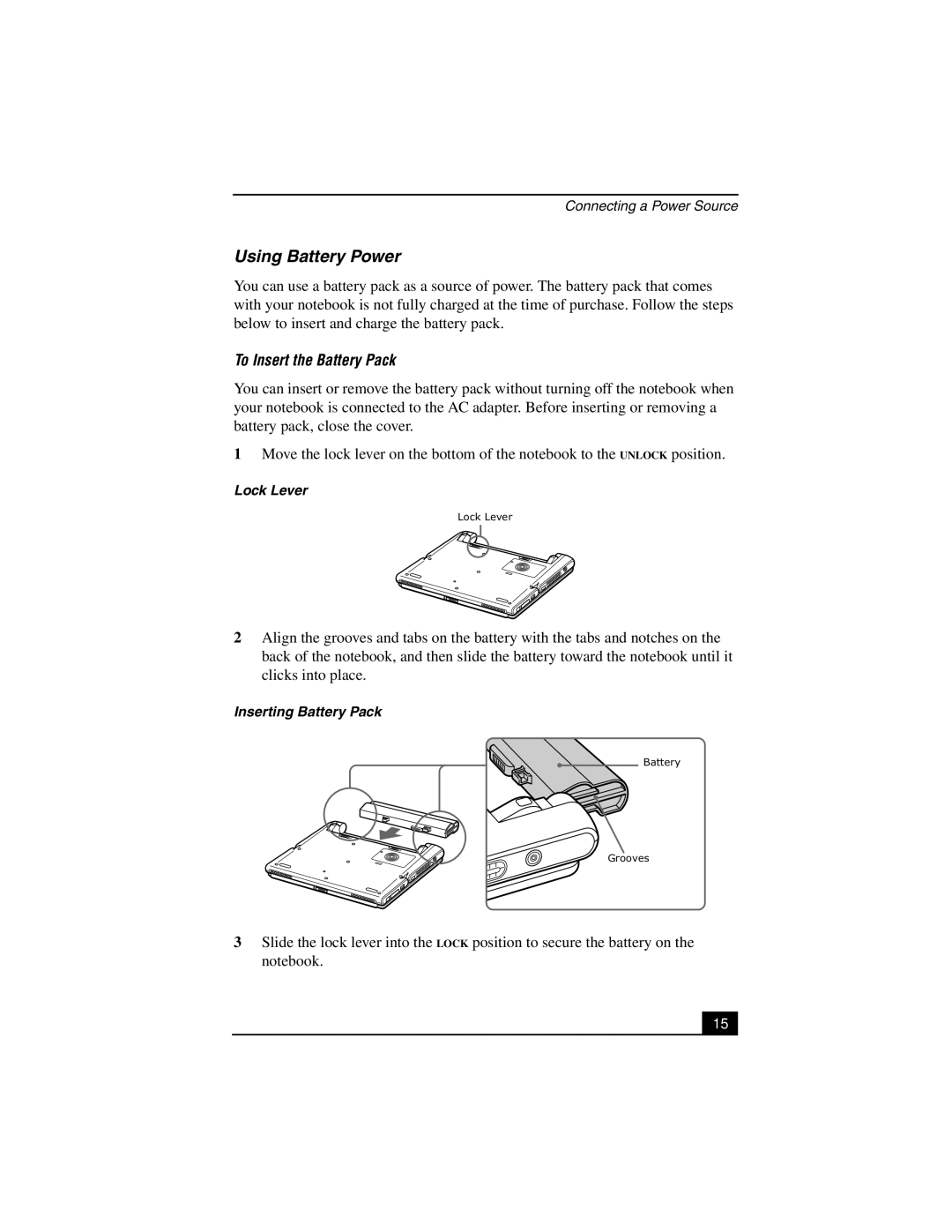 Sony PCG-SR27K service manual Using Battery Power, To Insert the Battery Pack 