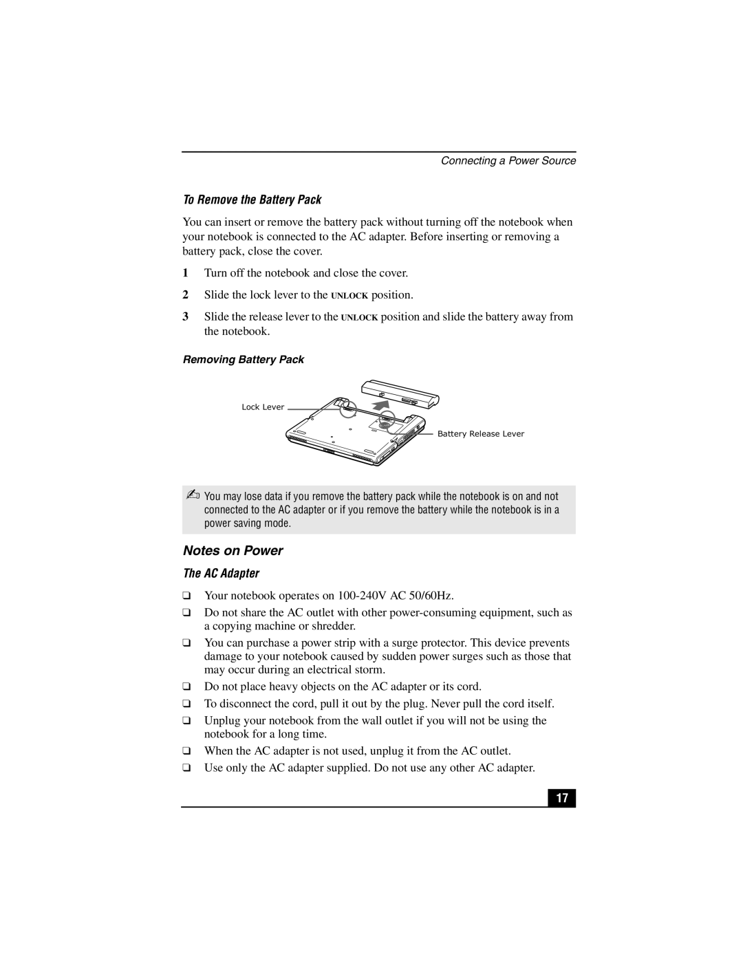 Sony PCG-SR27K service manual To Remove the Battery Pack, AC Adapter 