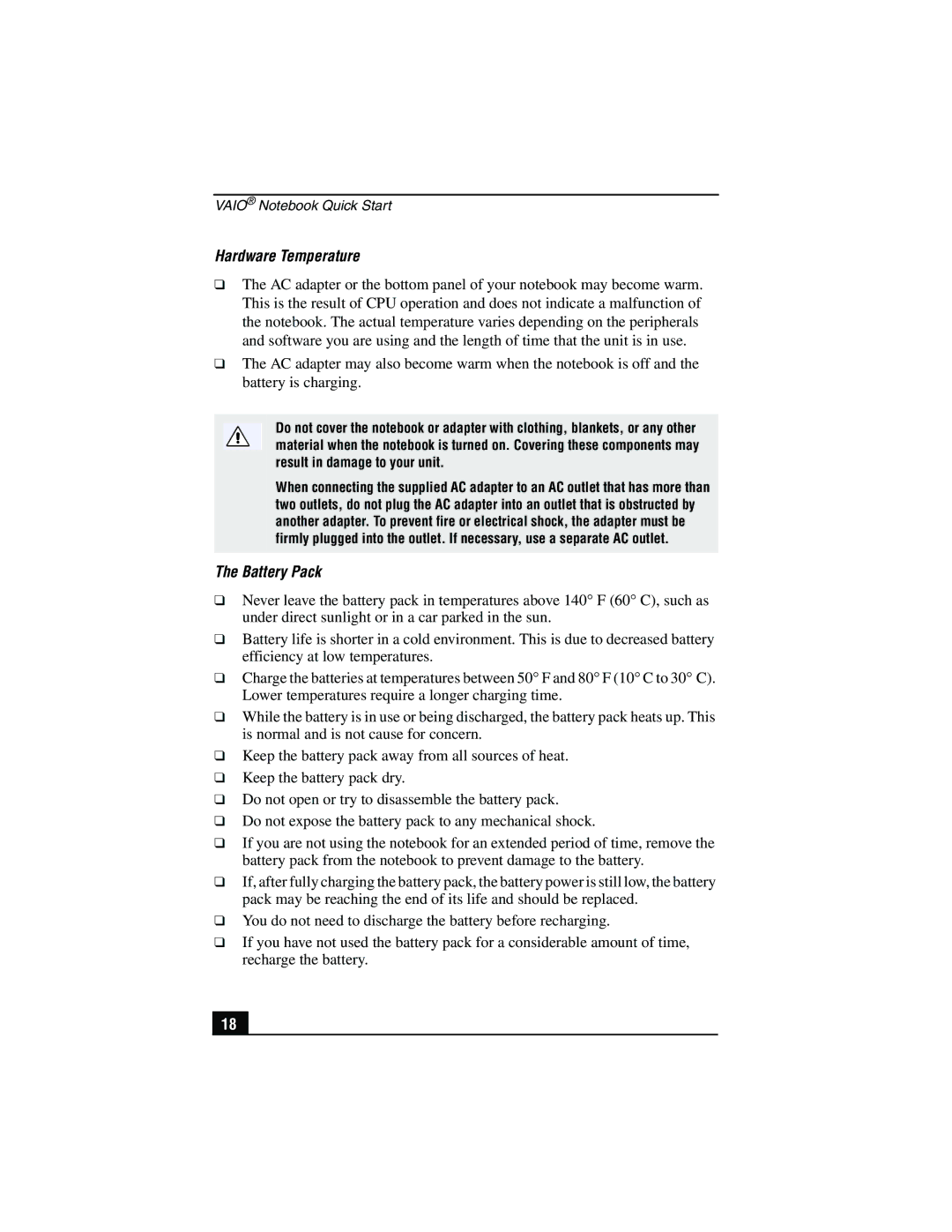 Sony PCG-SR27K service manual Hardware Temperature, Battery Pack 