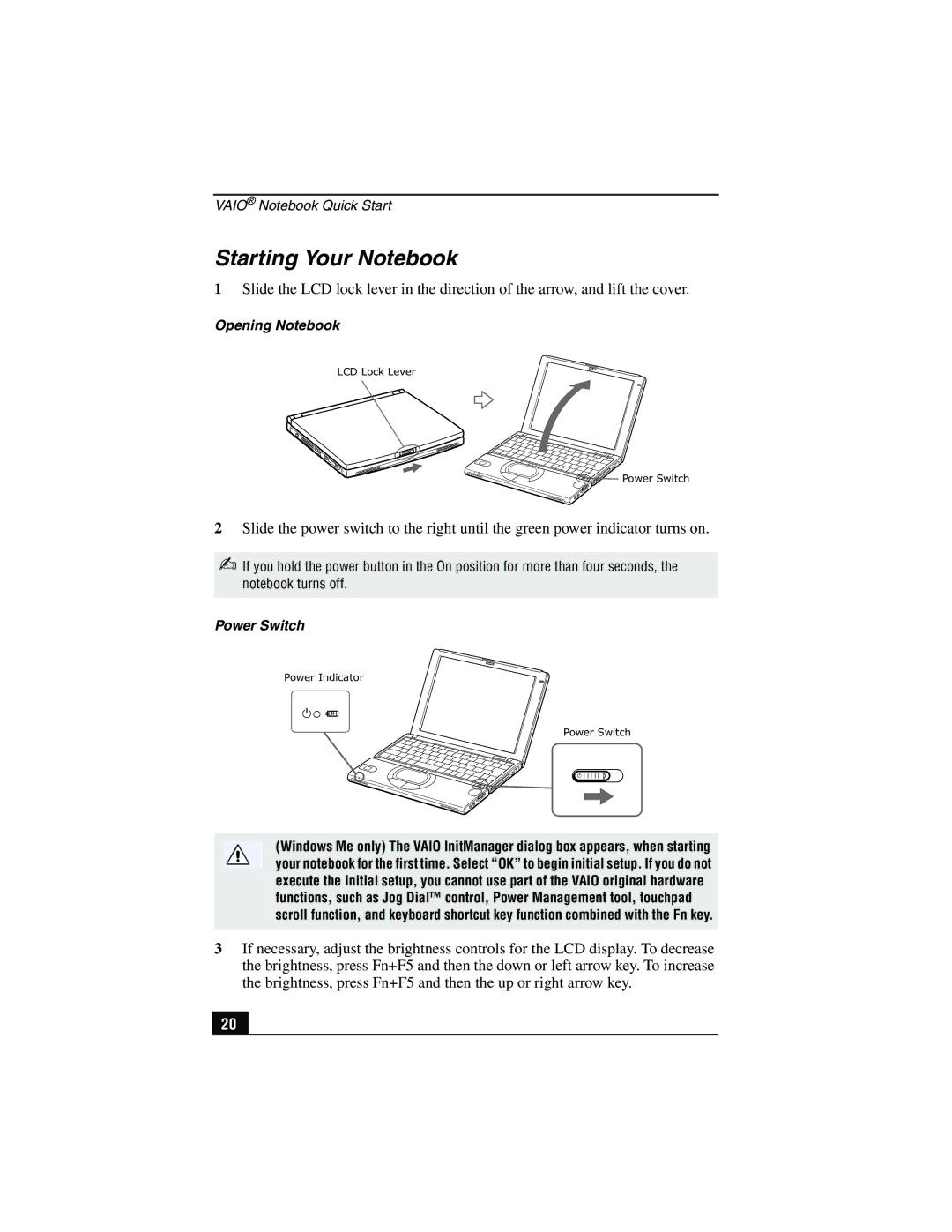 Sony PCG-SR27K service manual Starting Your Notebook, Power Switch 