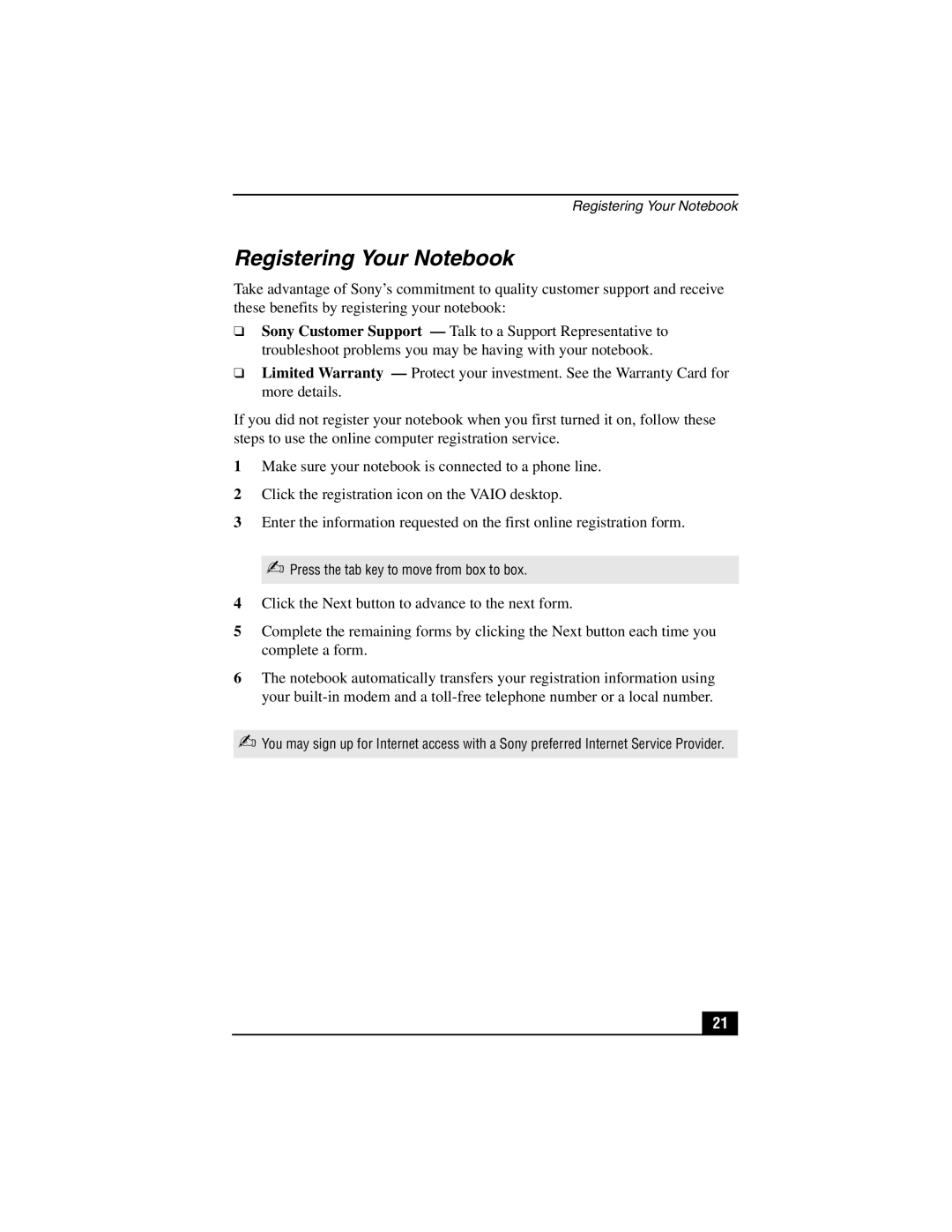 Sony PCG-SR27K service manual Registering Your Notebook 