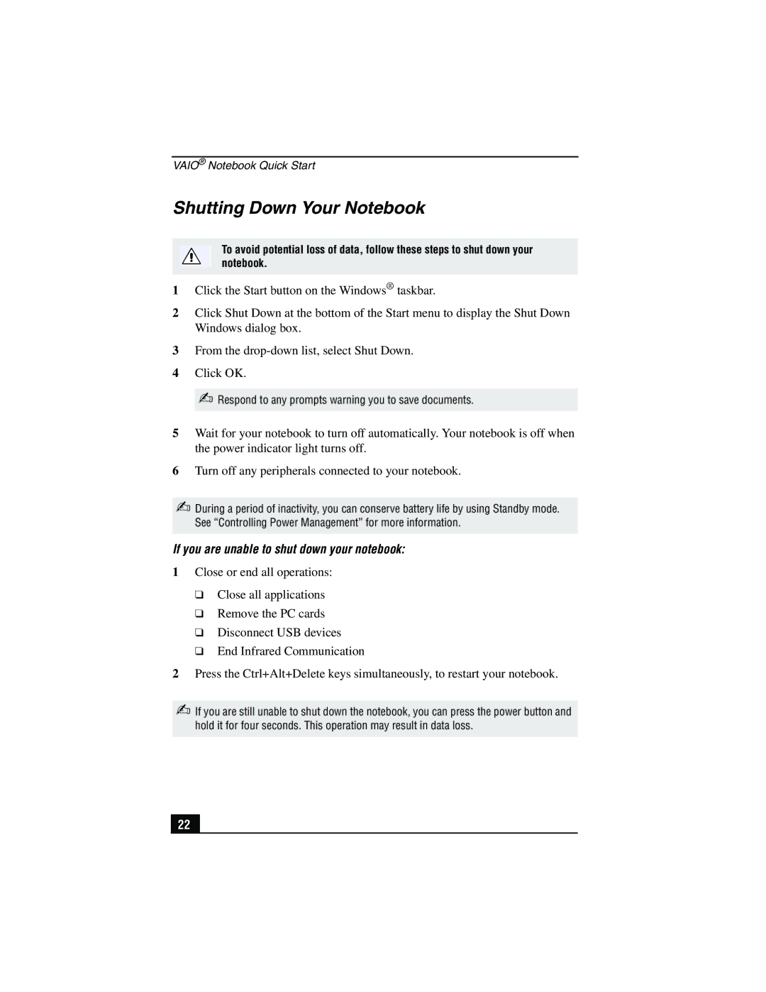 Sony PCG-SR27K service manual Shutting Down Your Notebook, If you are unable to shut down your notebook 