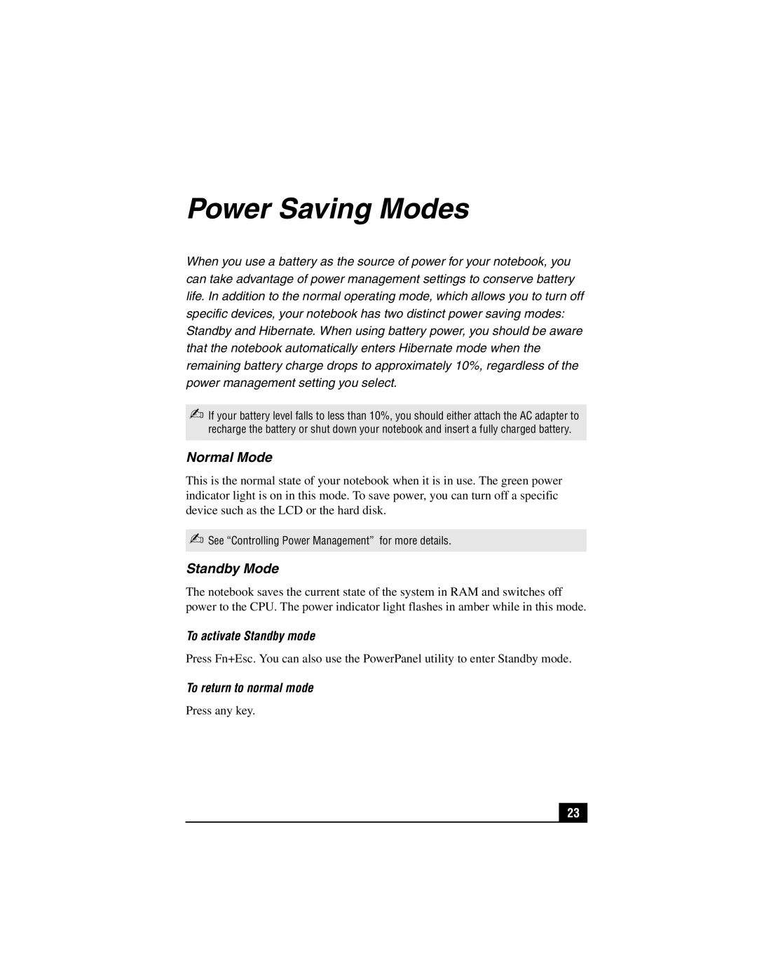 Sony PCG-SR27K service manual Normal Mode, Standby Mode, To activate Standby mode, To return to normal mode 