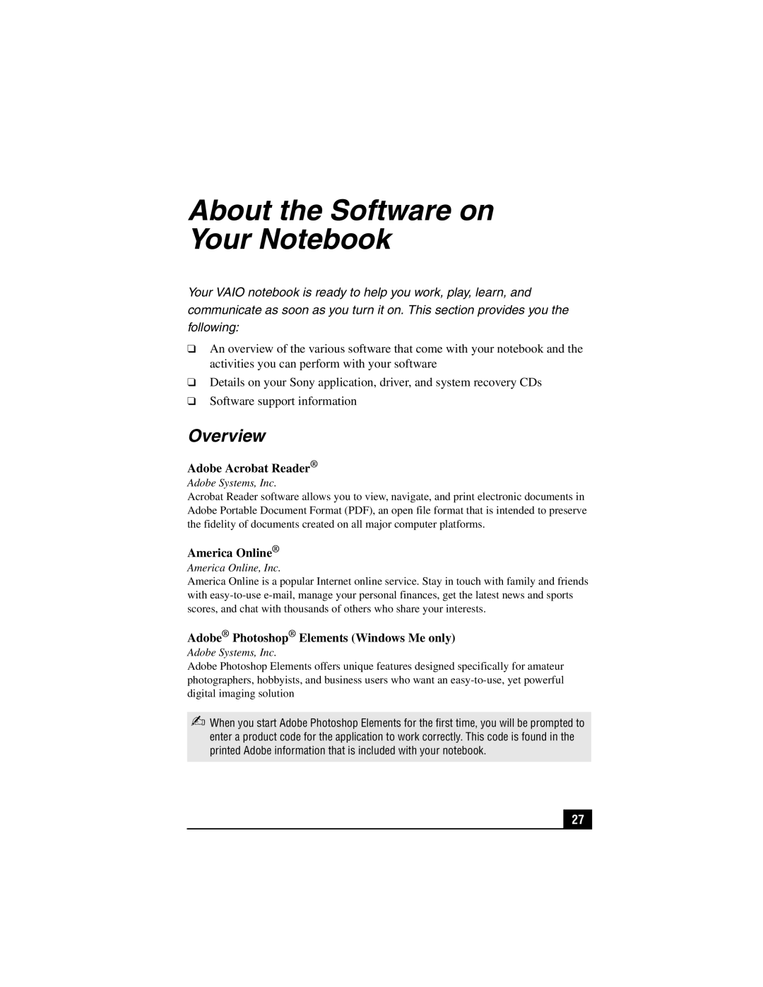 Sony PCG-SR27K service manual About the Software on Your Notebook, Overview 