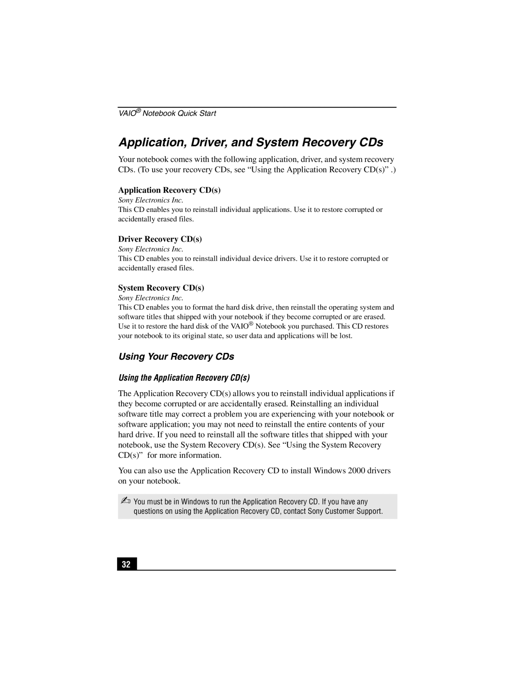 Sony PCG-SR27K Application, Driver, and System Recovery CDs, Using Your Recovery CDs, Using the Application Recovery CDs 