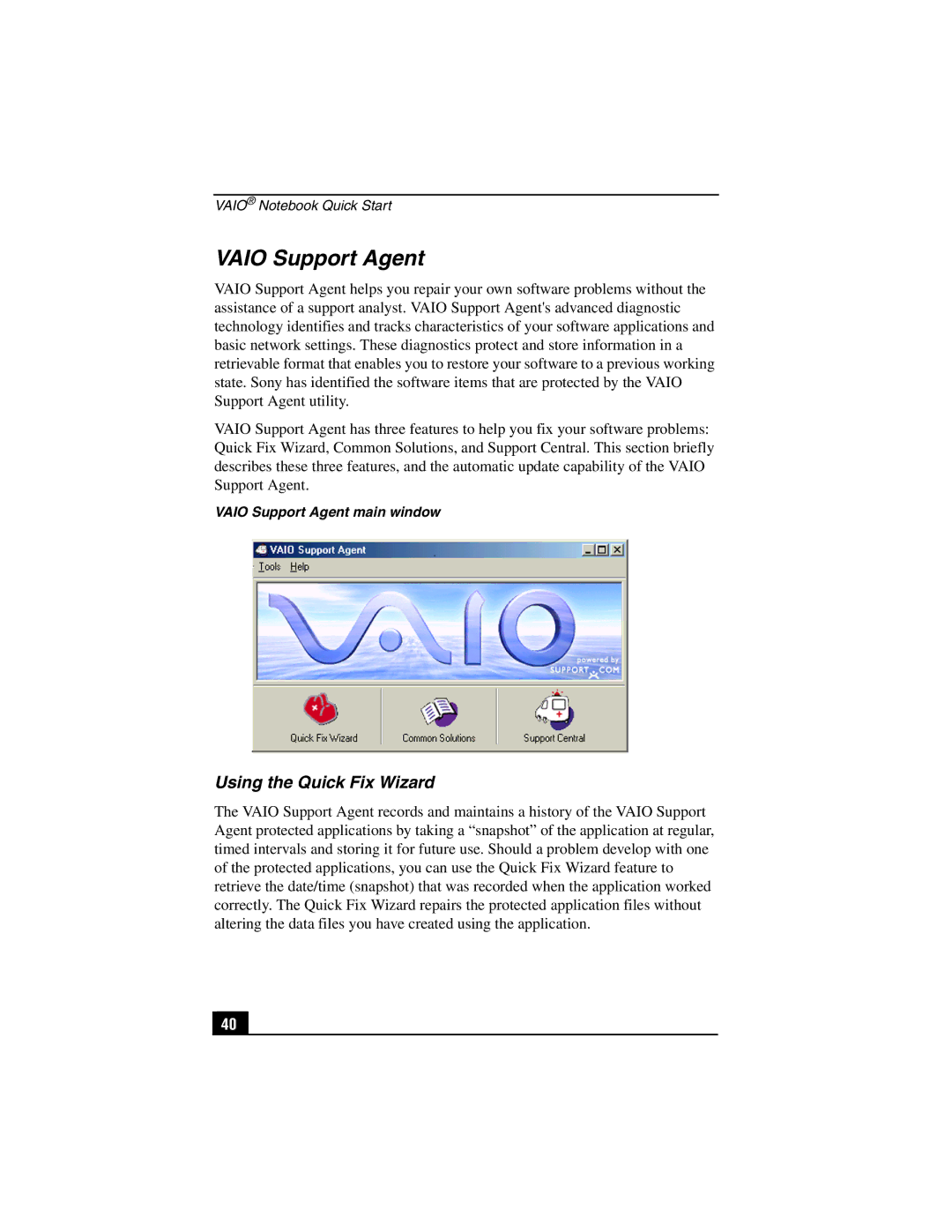 Sony PCG-SR27K service manual Vaio Support Agent, Using the Quick Fix Wizard 