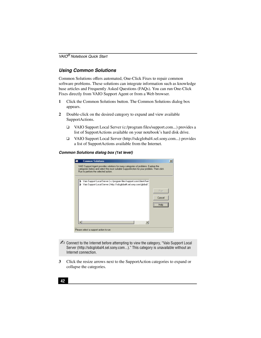 Sony PCG-SR27K service manual Using Common Solutions, Common Solutions dialog box 1st level 