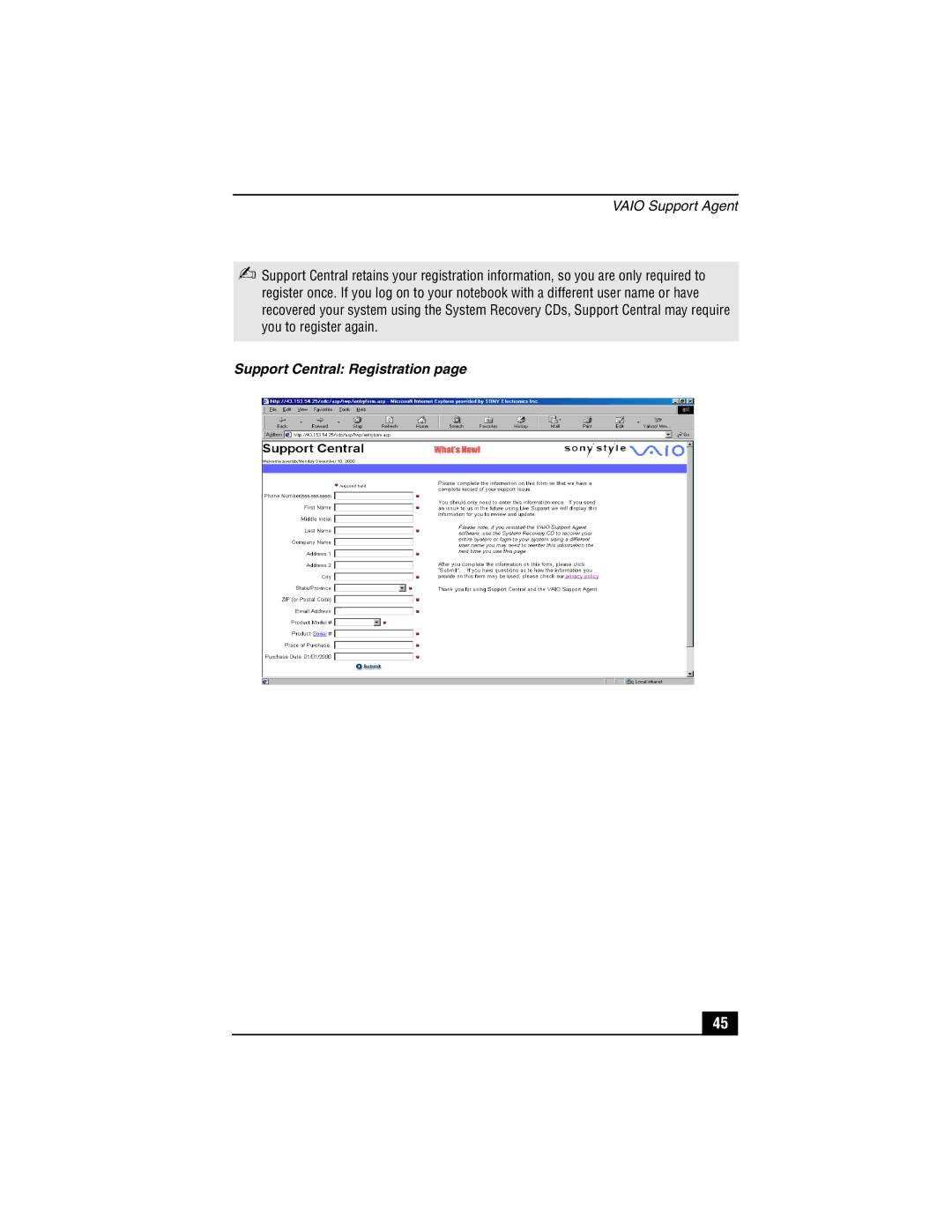 Sony PCG-SR27K service manual Support Central Registration 