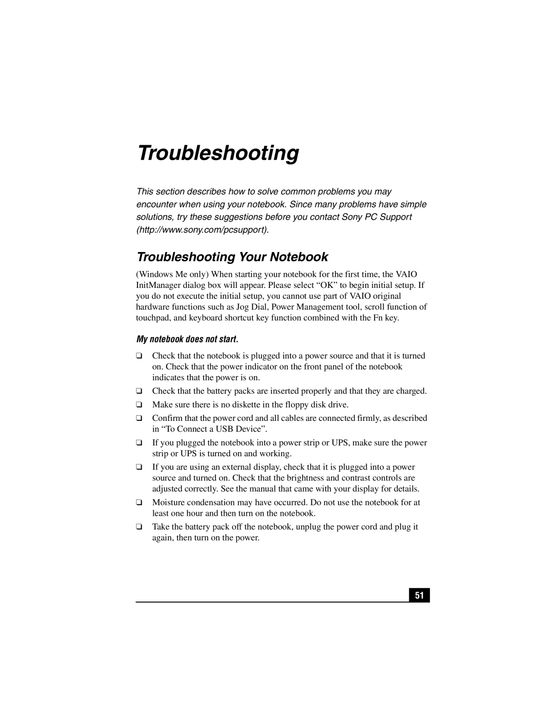 Sony PCG-SR27K service manual Troubleshooting Your Notebook, My notebook does not start 