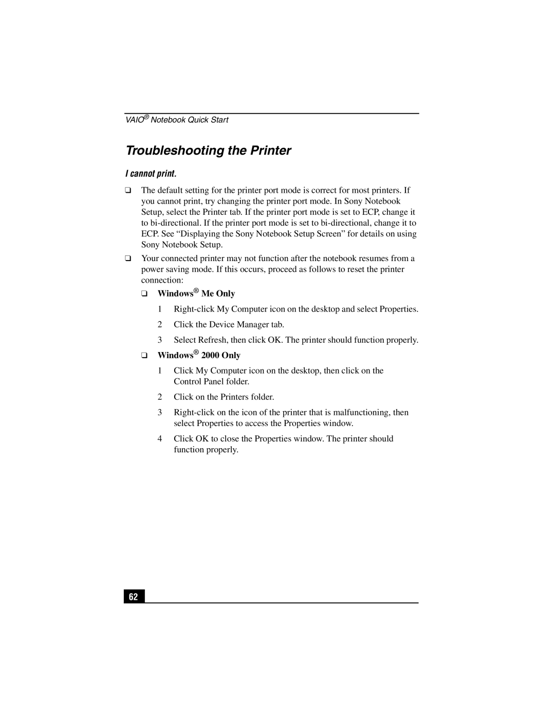 Sony PCG-SR27K service manual Troubleshooting the Printer, Cannot print 