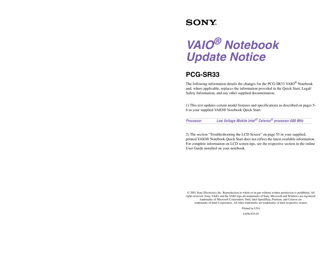 Sony PCG-SR27K service manual Vaio Notebook Update Notice 