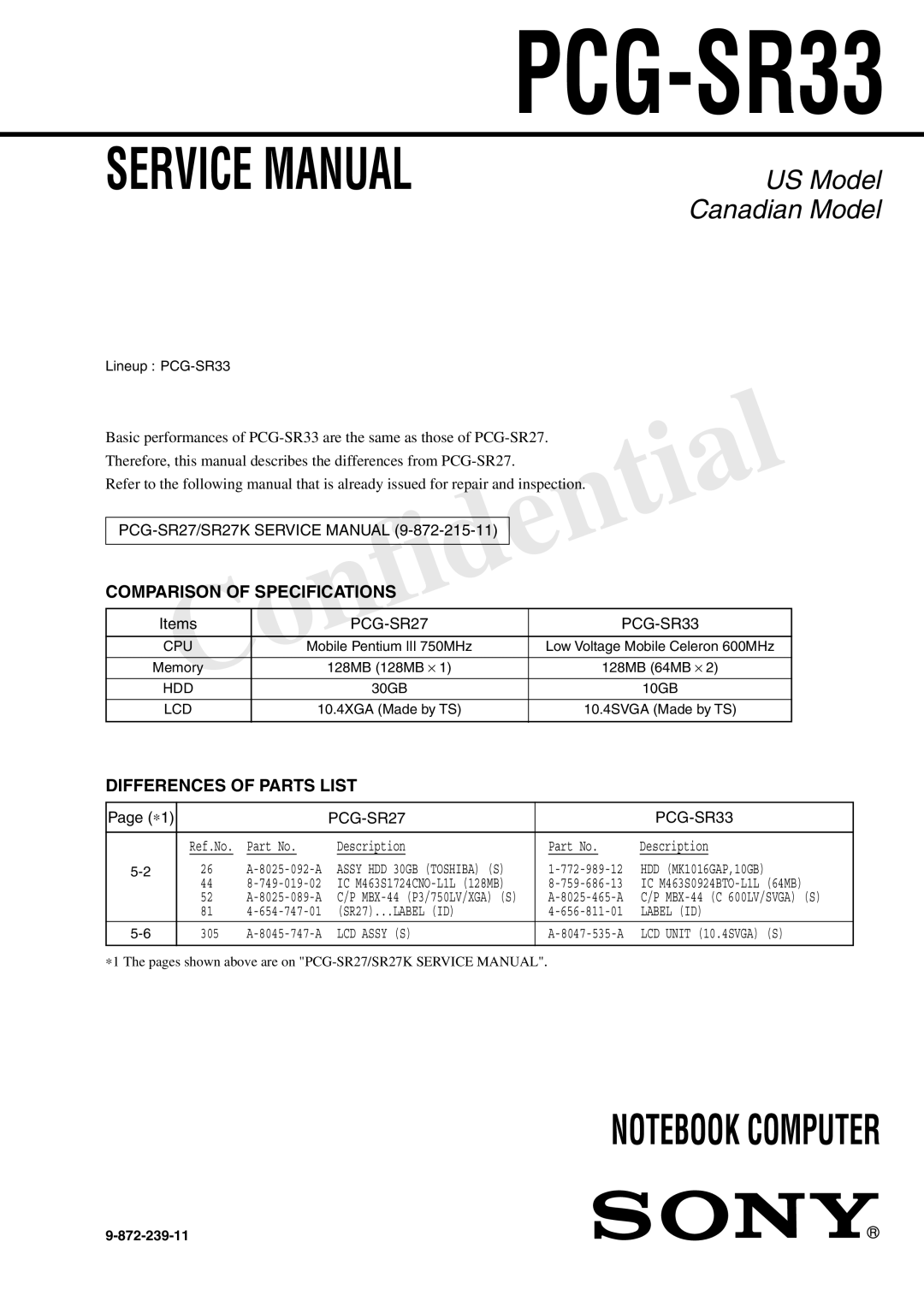 Sony PCG-SR27K service manual PCG-SR33 